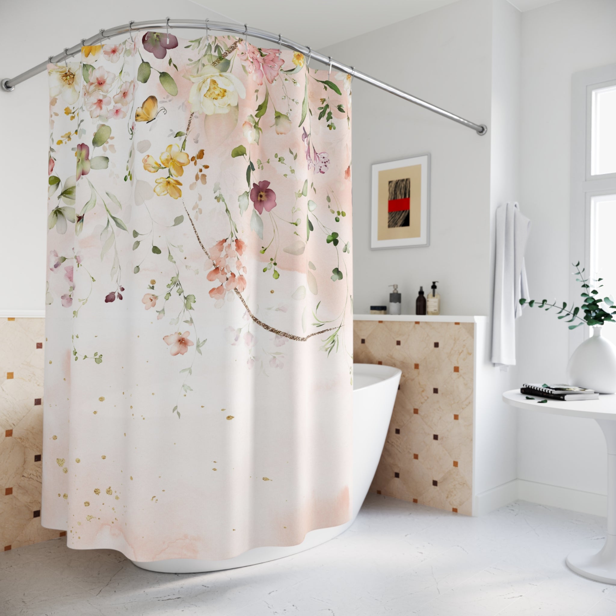 Boho Floral Shower Curtain | Blush Pink Colorful Green