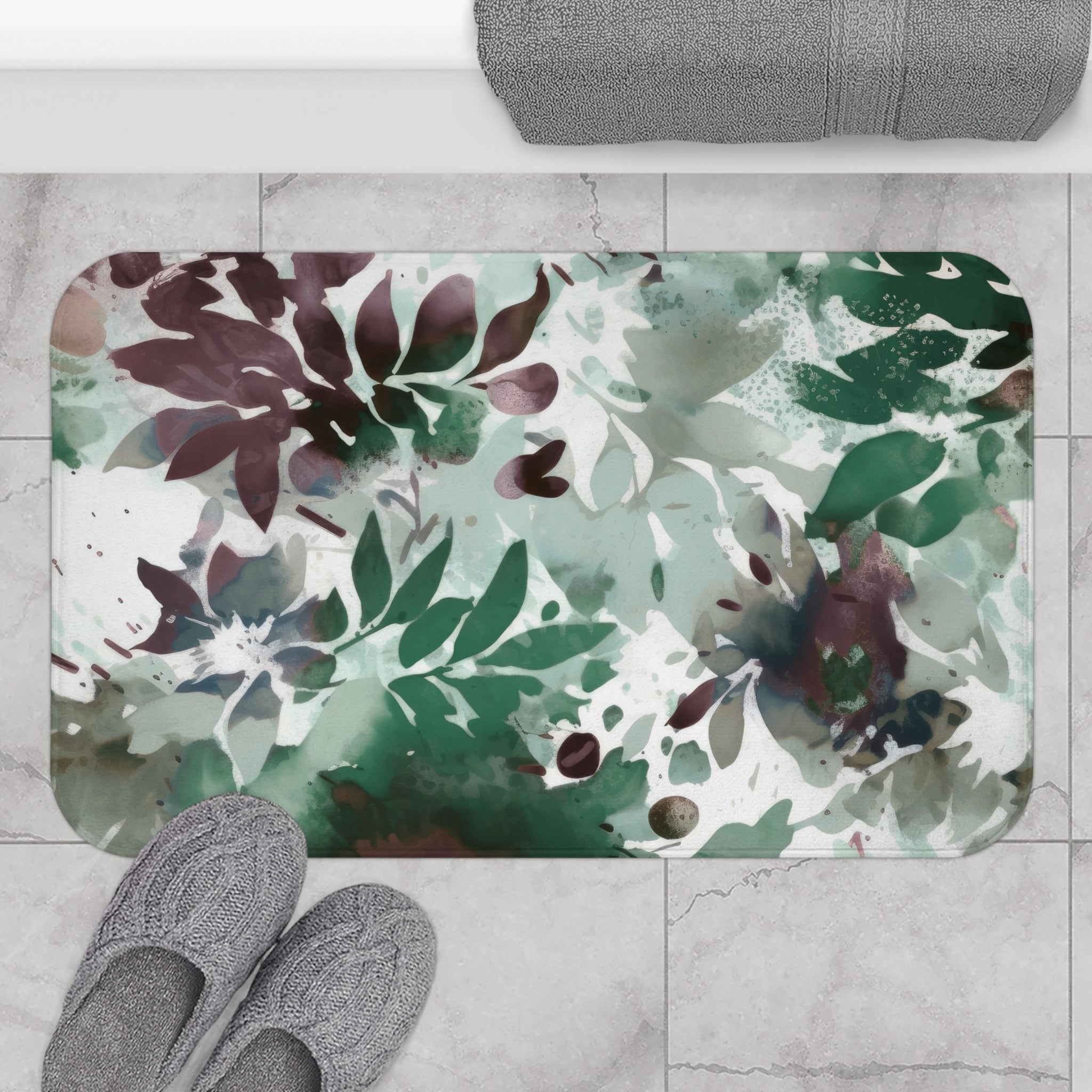 Abstract Bath Mat | Sage Green White Mauve Leaves, Colorful Floral Kitchen Mat