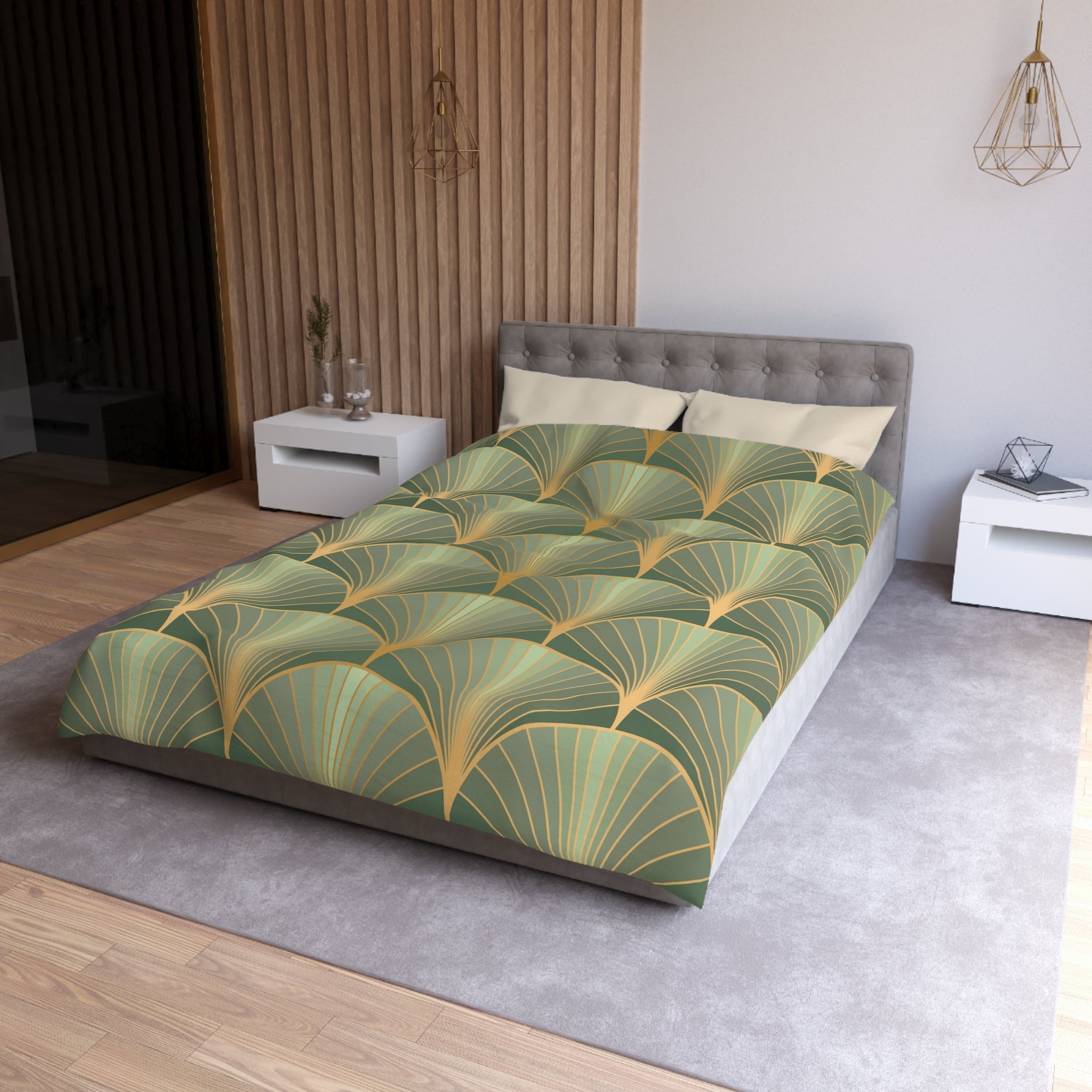 Art Deco Duvet Cover | Sage Green, Beige | Bedroom Decor