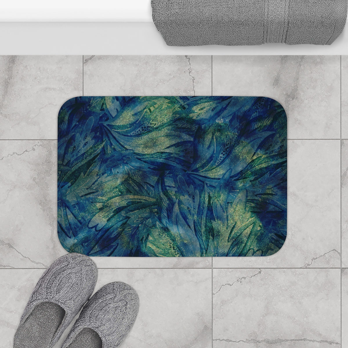Navy Olive Abstract Leaf Bath Mat, Kitchen Mat