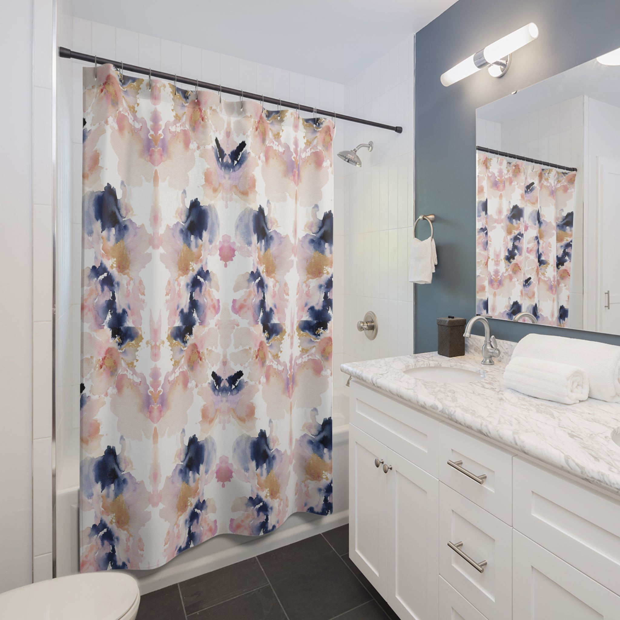Abstract Shower Curtain | Navy Blue Blush Mirrored Art