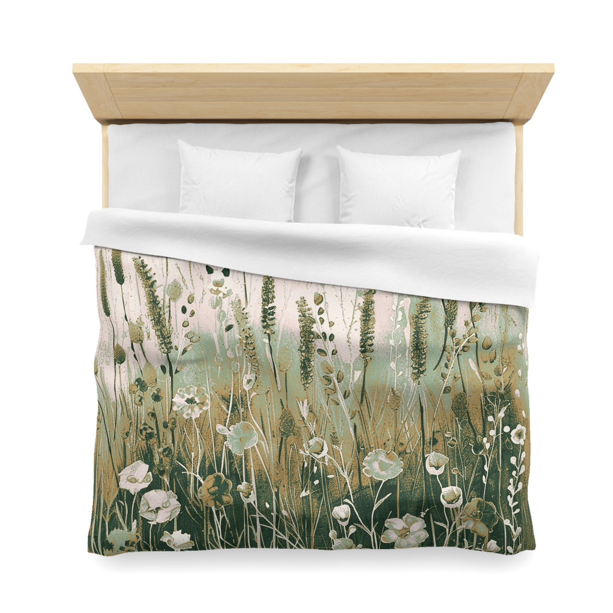 a bed with a floral print duvet cover featuring a grassy field with white flowers.