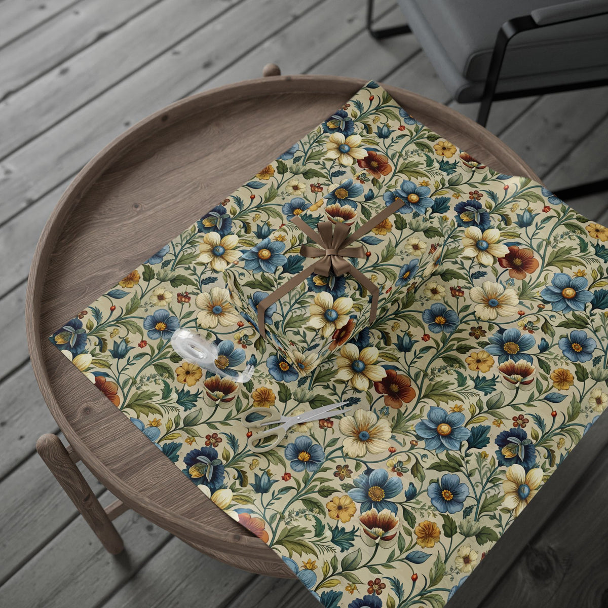 Cream Blue Rust Chintz Floral Wrapping Paper, Gift Wrap