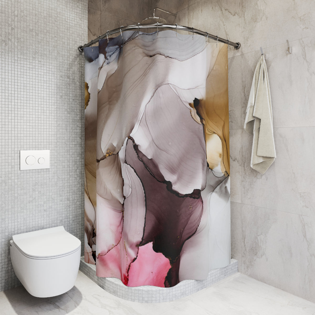 a bathroom with a shower curtain that has a colorful abstract design. The shower curtain is hanging on a rod next to a white toilet.