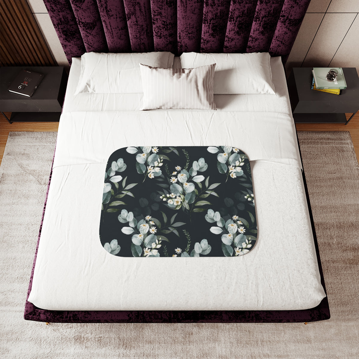 Moody Sage Eucalyptus Daisy Sherpa Blanket | Charcoal Botanical Throw