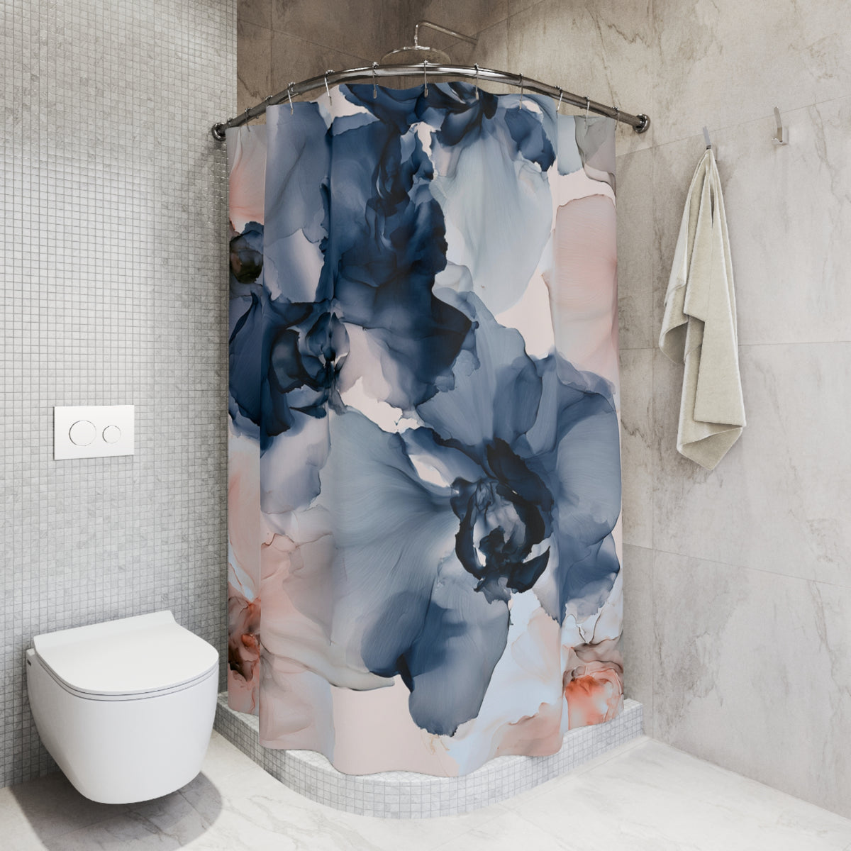 a white toilet sitting next to a shower curtain