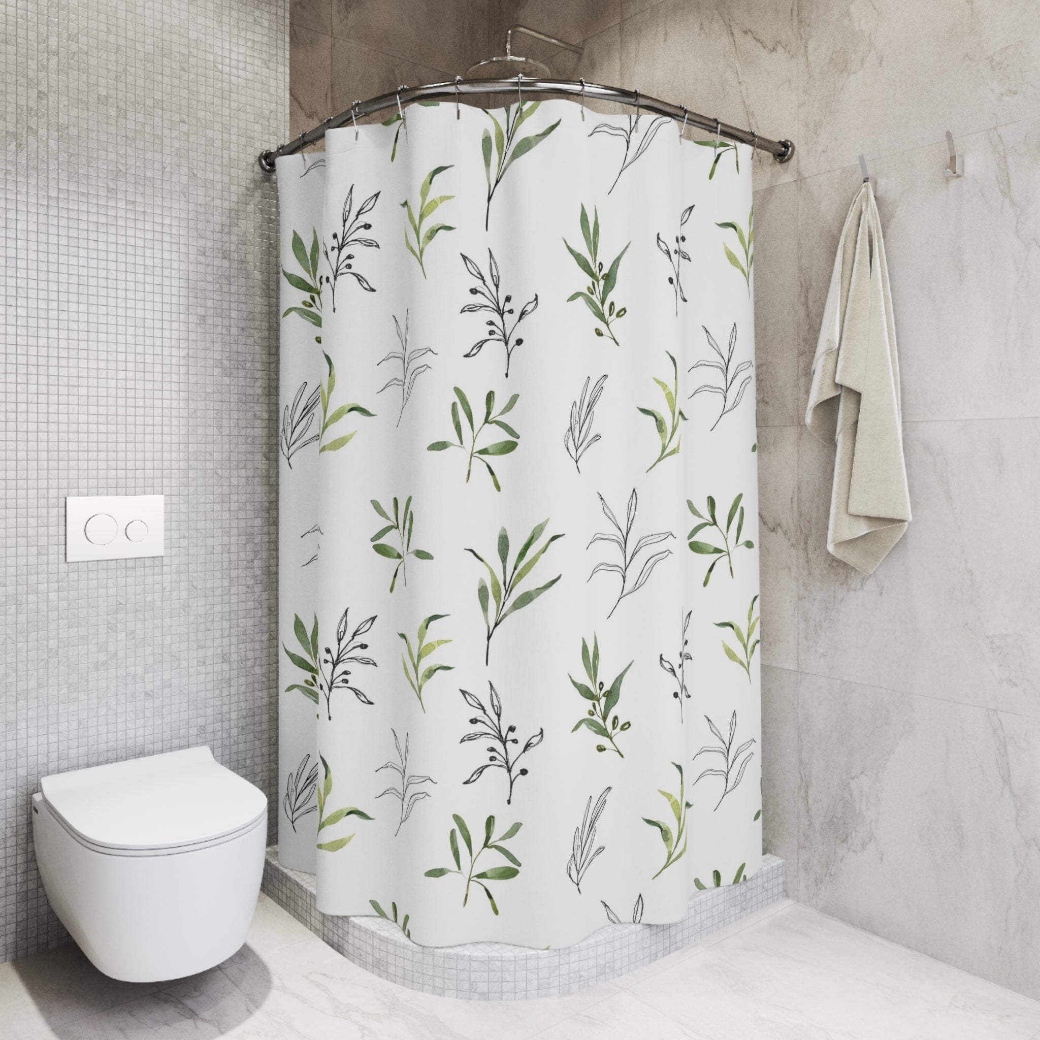 Boho Shower Curtain | Green White Black Line Art Leaves