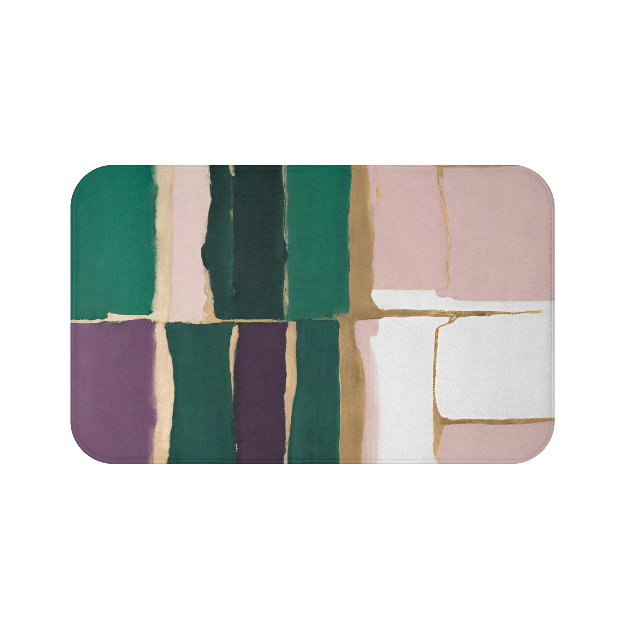 Boho Abstract Bath Mat | Green Purple Gold Beige, Pink White Kitchen Mat