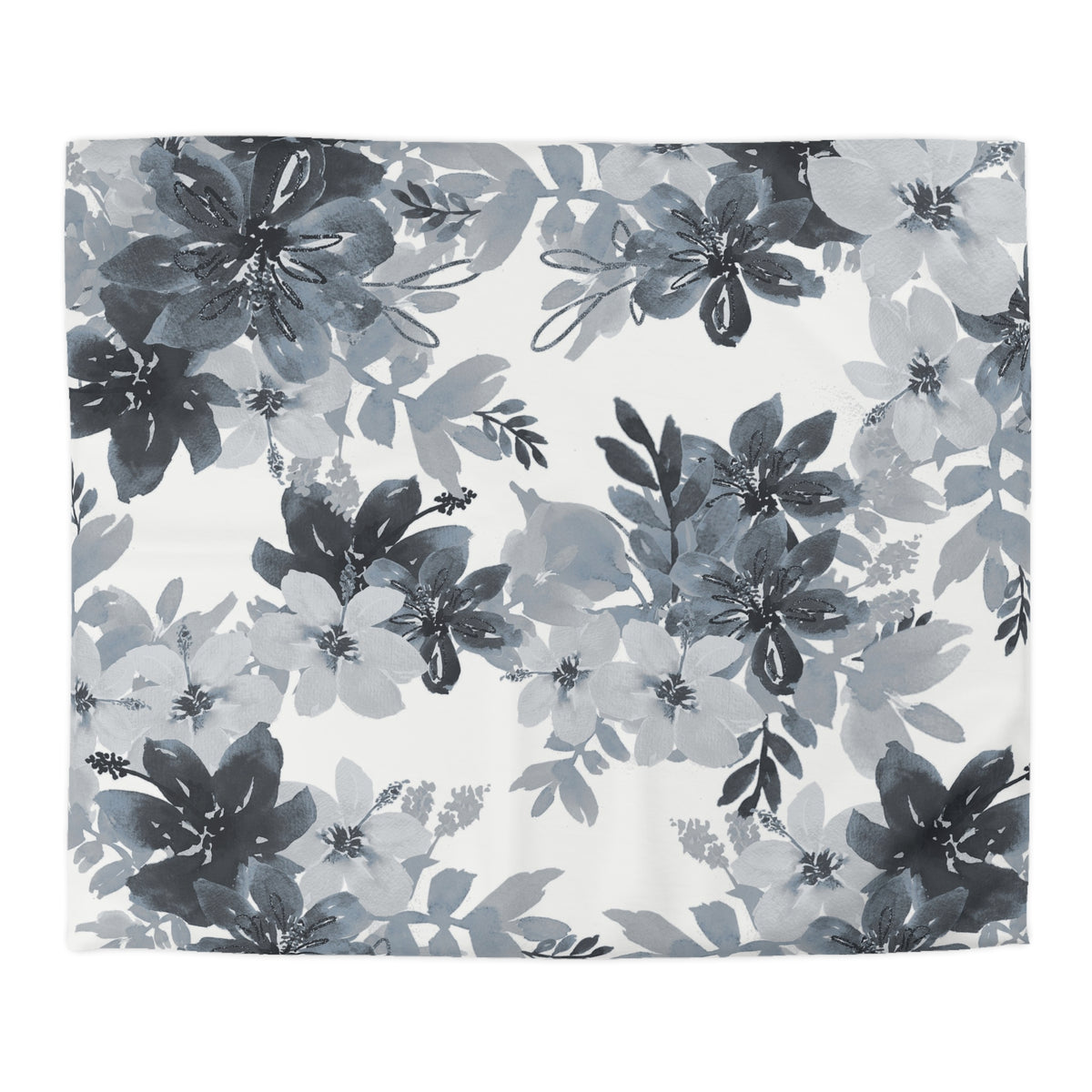a repeating pattern of black and white flowers and leaves against a white background.