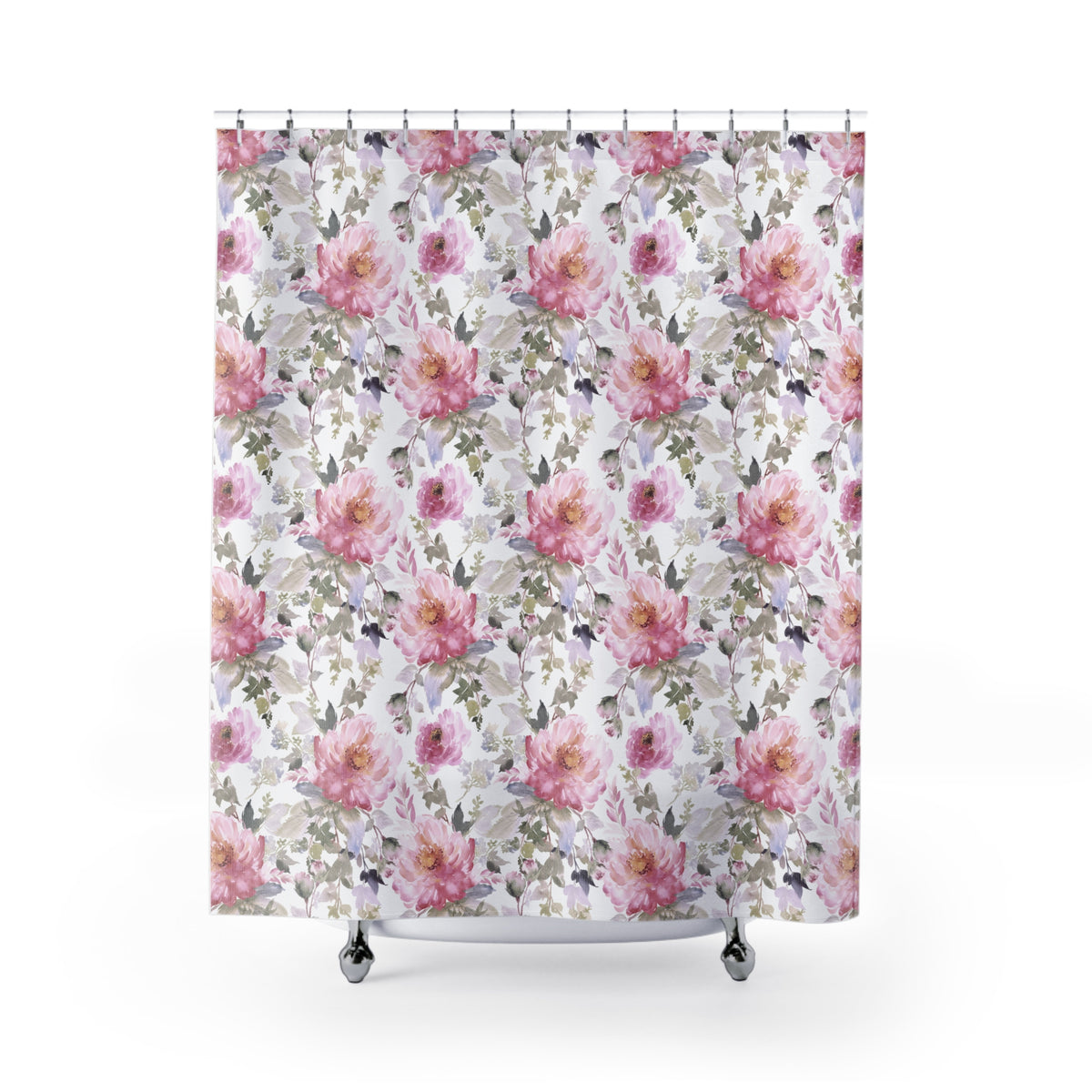 a shower curtain with a floral pattern of pink and white flowers.