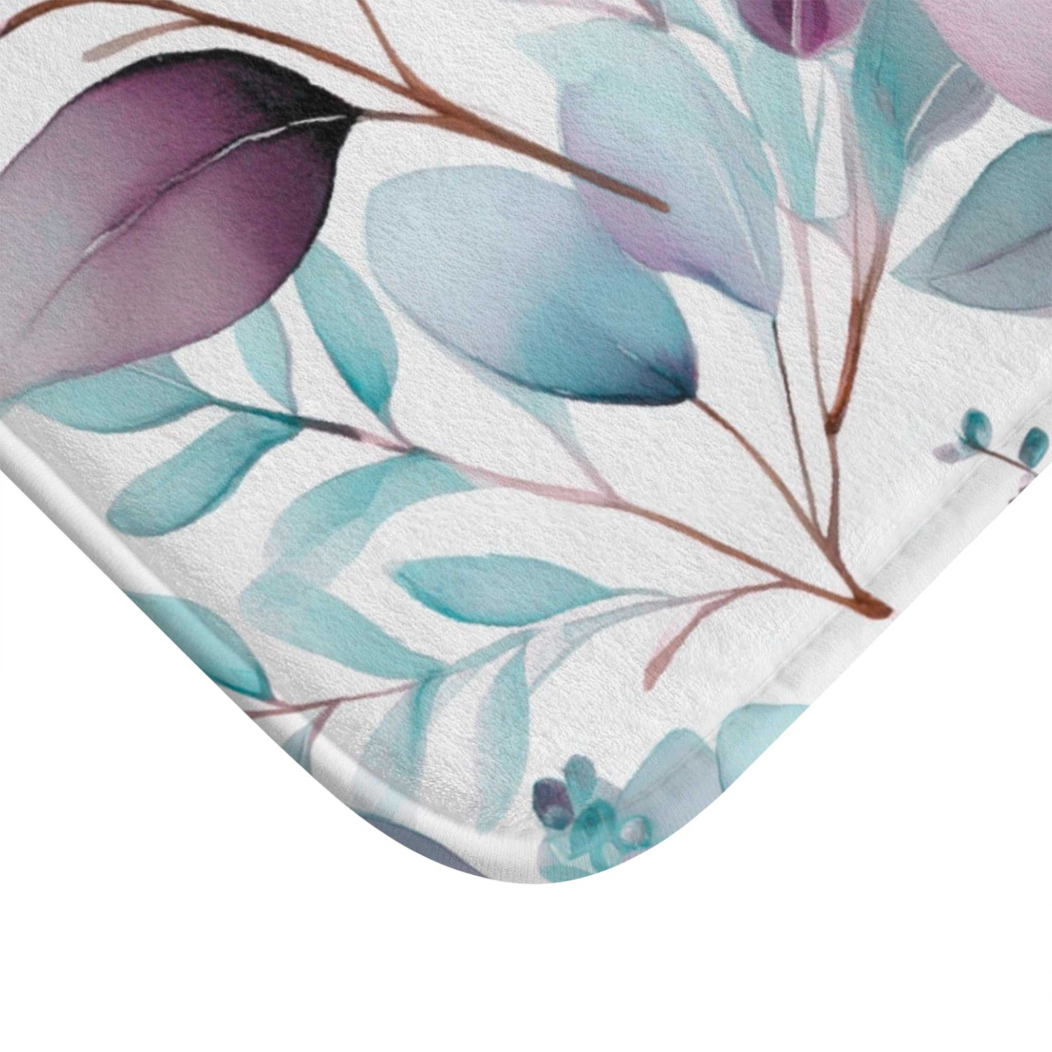 Floral Bath Mat | Teal Mauve White Leaves Kitchen Mat
