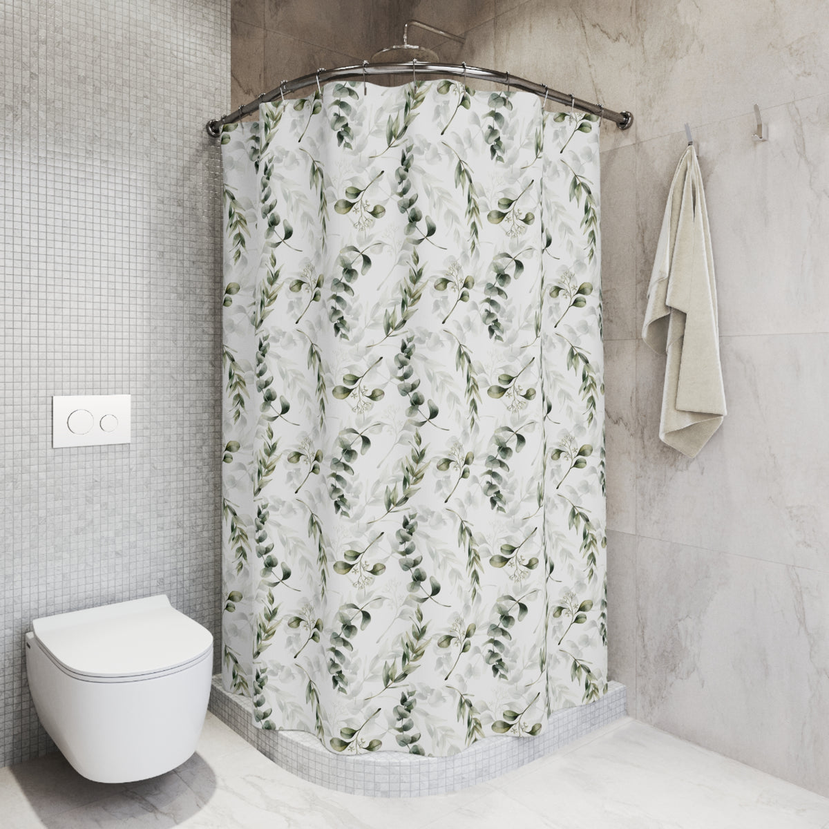 a bathroom with a shower curtain featuring a leaf pattern, a white toilet, and a towel rack.