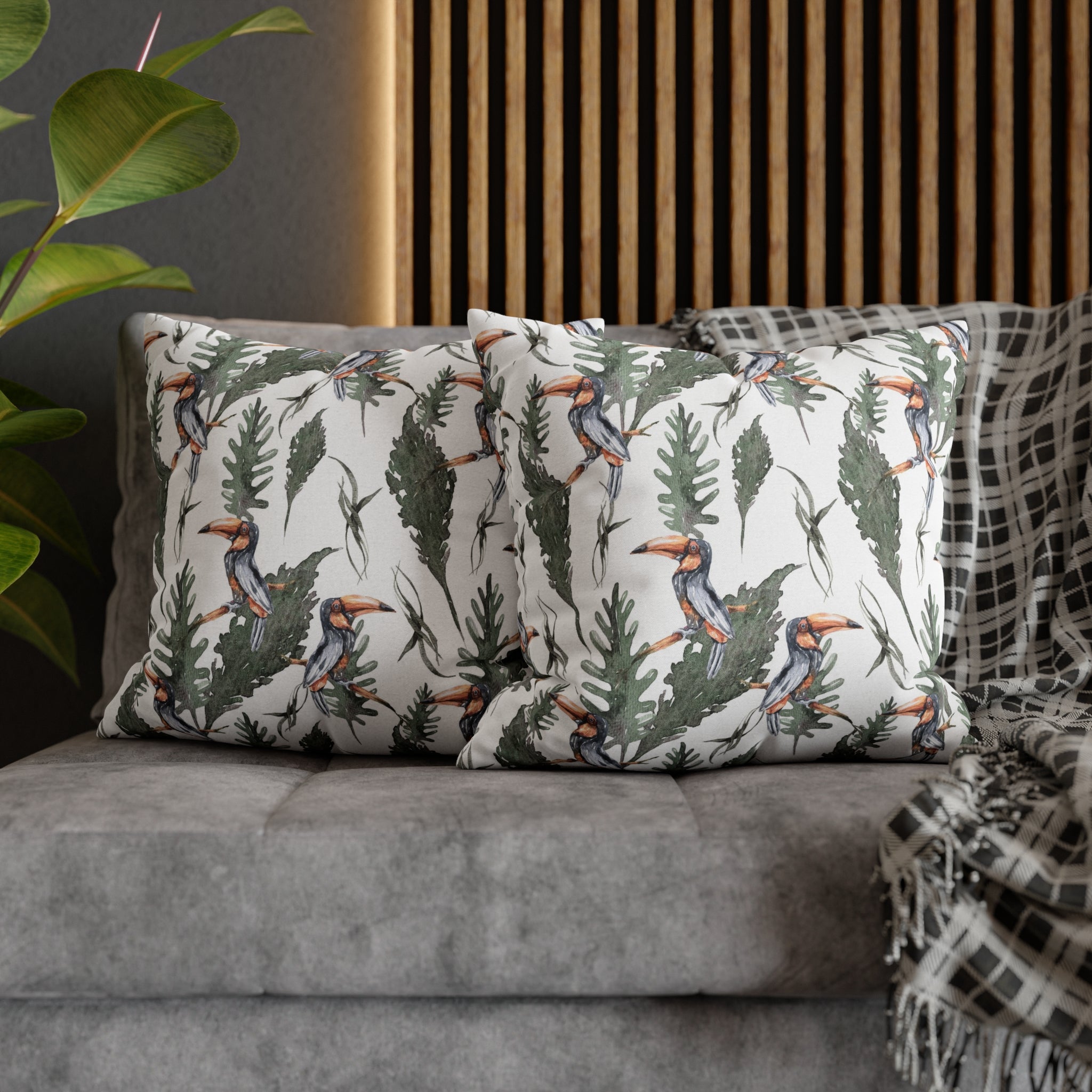 Tropical Tucan Floral Pillow Cover | White Sage Green Jungle Leaves