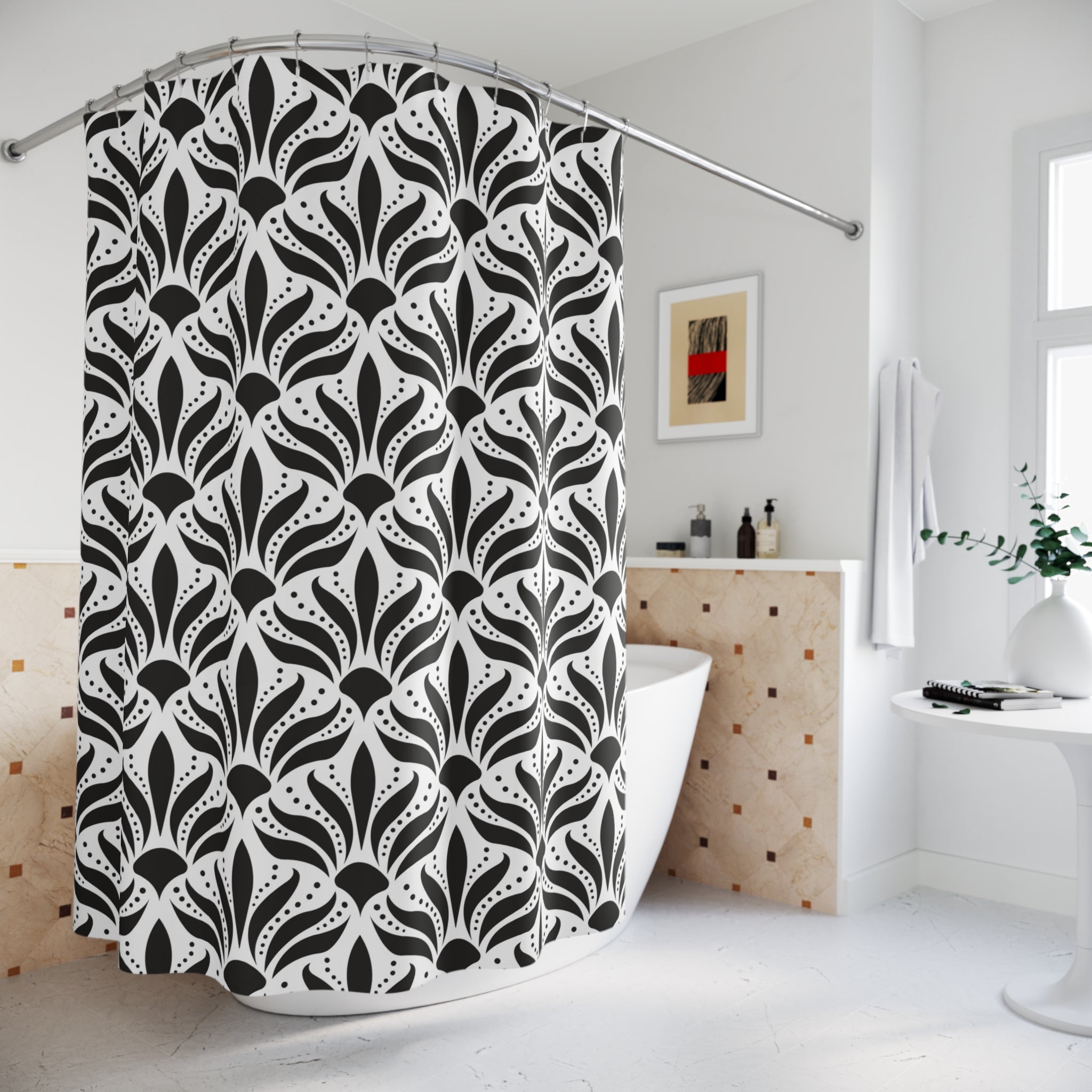 Black White Shower Curtain | Art Noveau Fabric Curtain