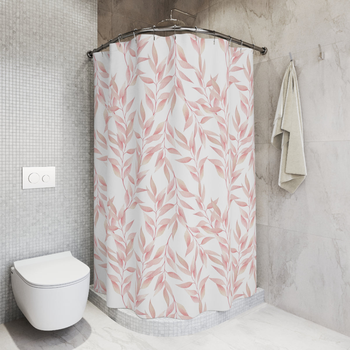 a bathroom with a shower curtain featuring a pink leaf pattern, a white toilet, and a towel rack with a towel hanging on it.