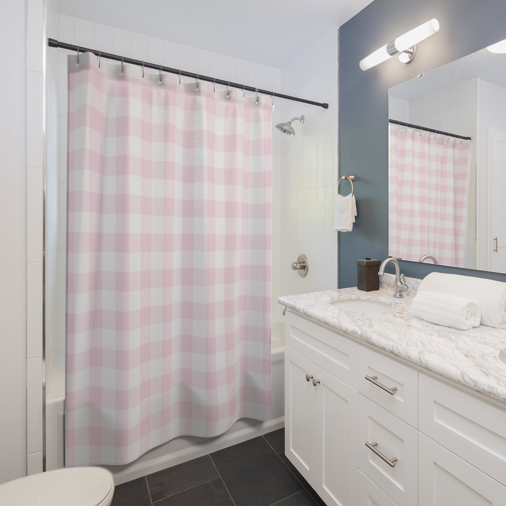 Checkered Shower Curtain | Pink and White Bath Curtain