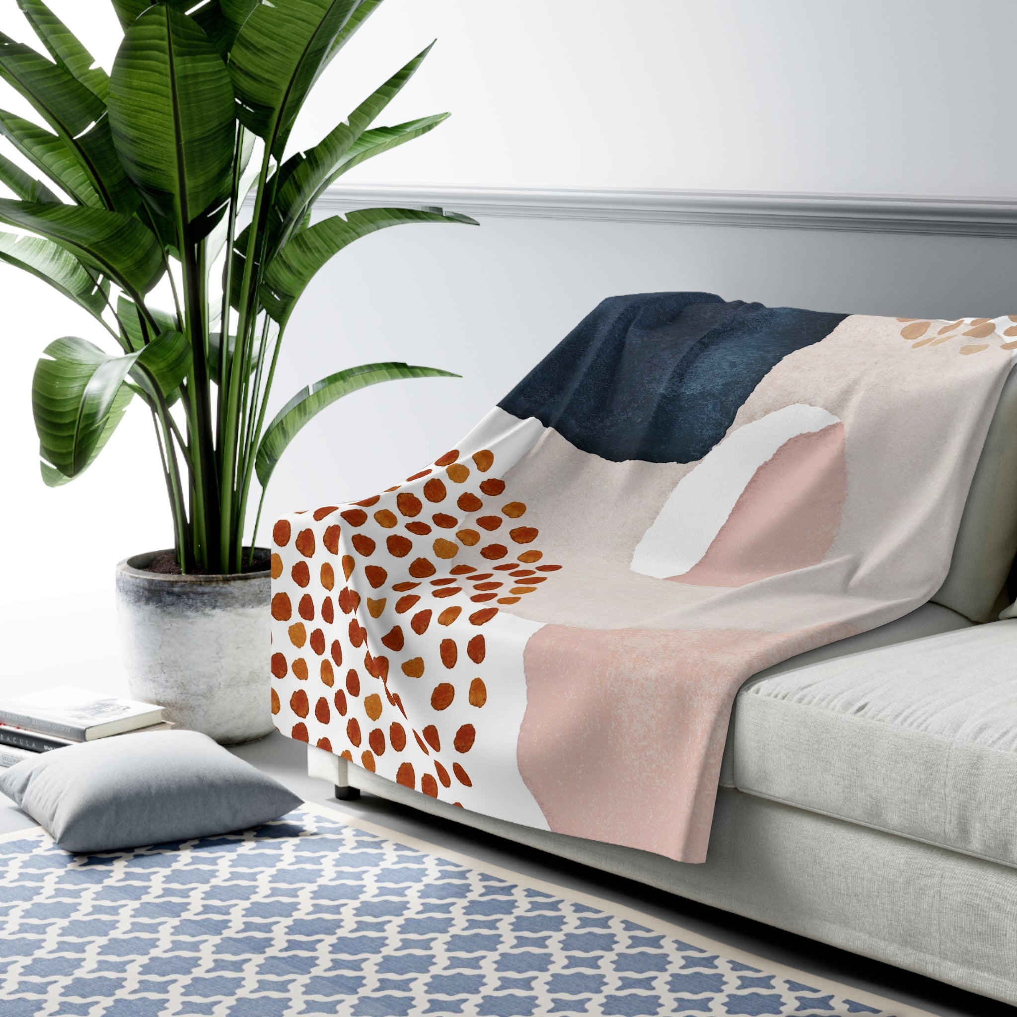 Abstract Throw Blanket Navy Blue, Rust Red, Blush Pink Modern Art