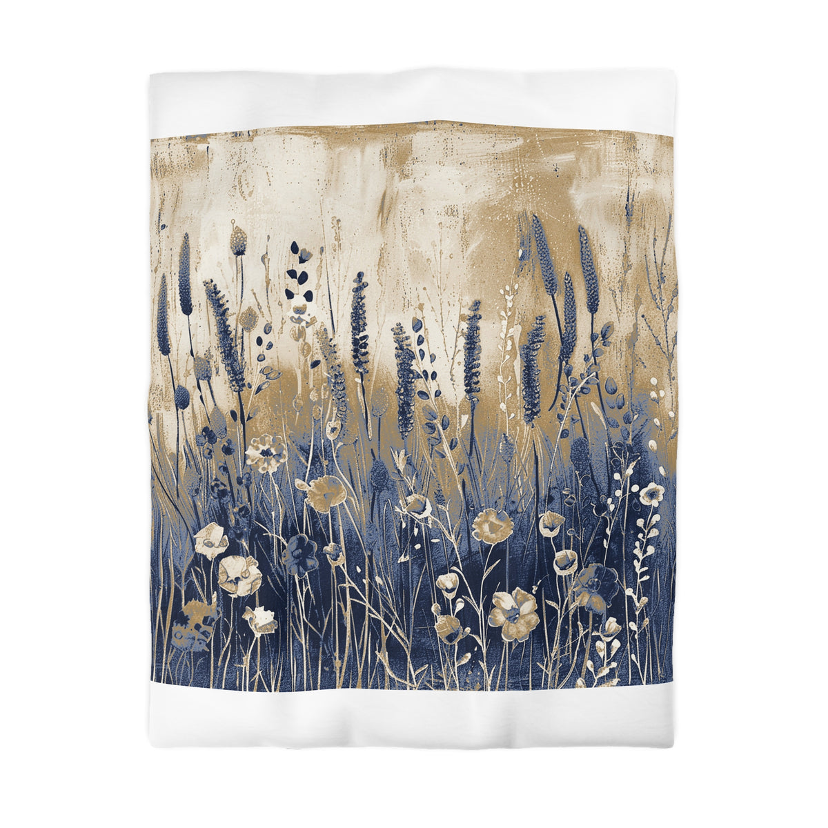 The image is a painting or artwork depicting a field of tall grass and flowers in various shades of blue and gold.