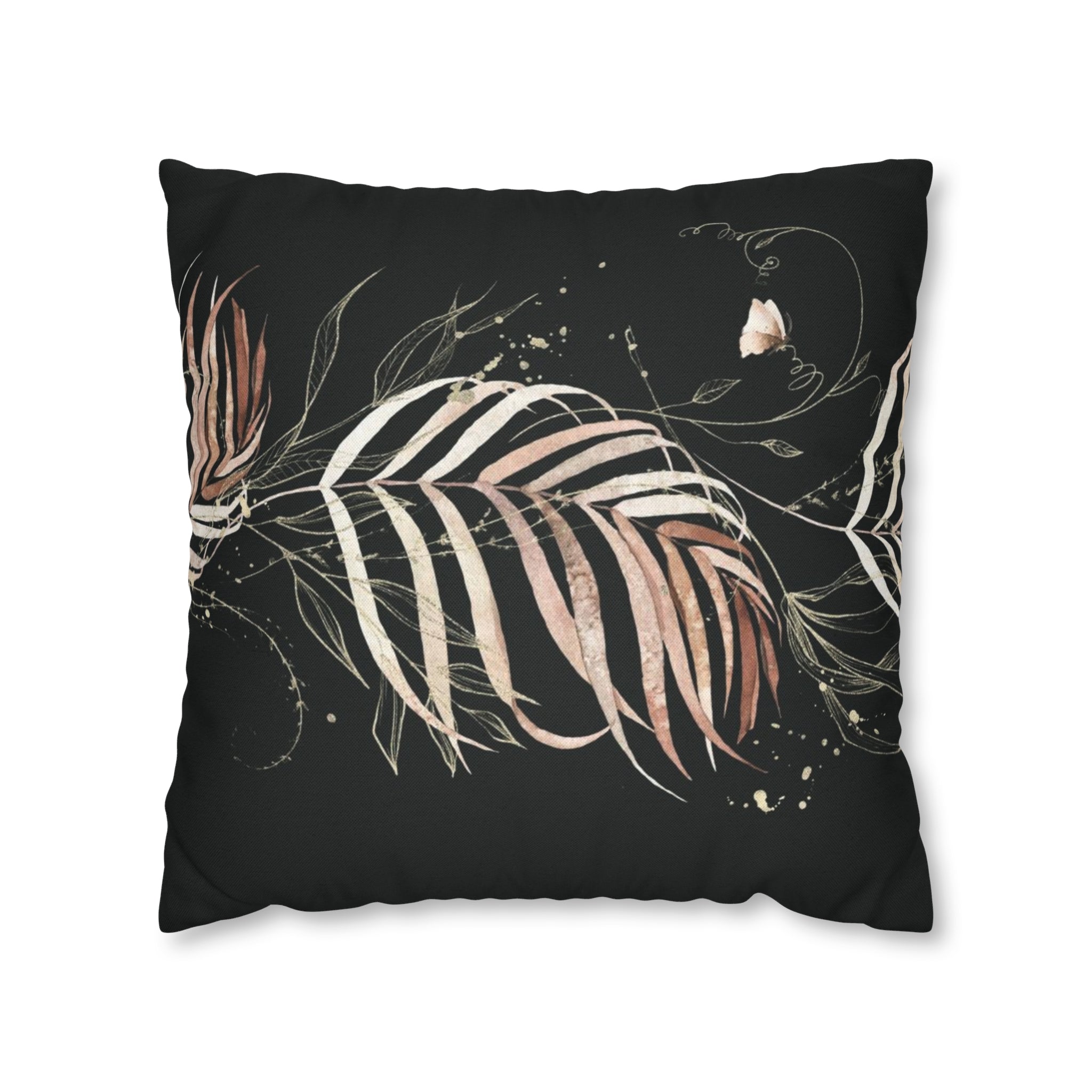 Black Floral Pillow Cover | Beige Leaves