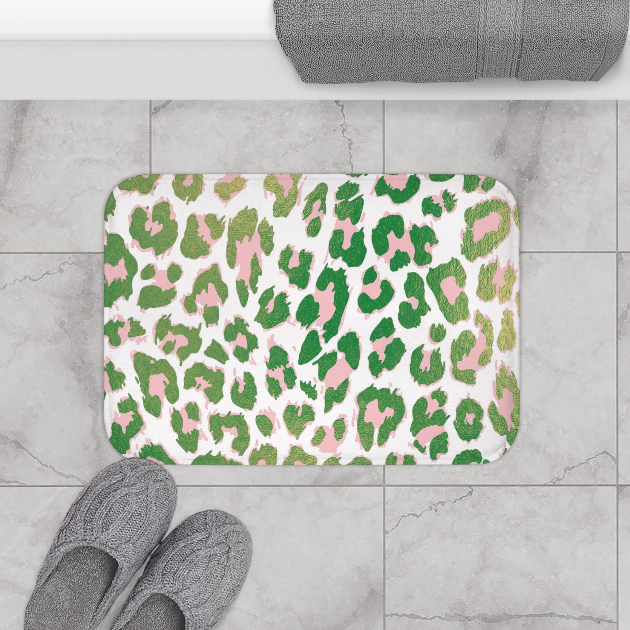 Boho Bath, Kitchen Floor Mat | Beige Pink, White Animal Print