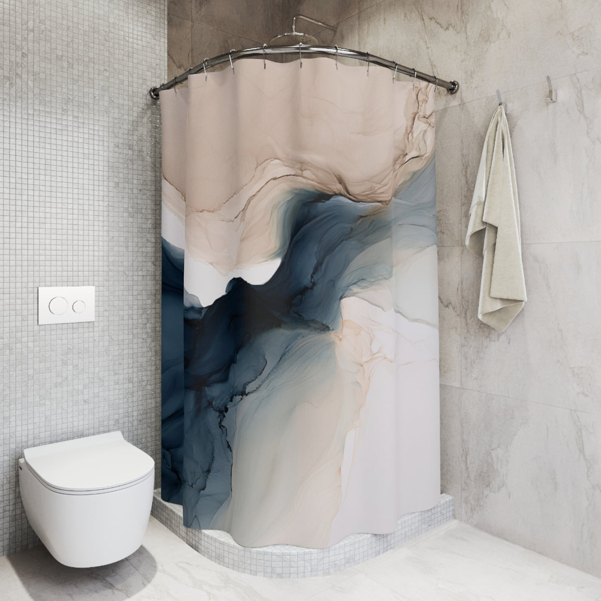 a white toilet sitting next to a shower curtain