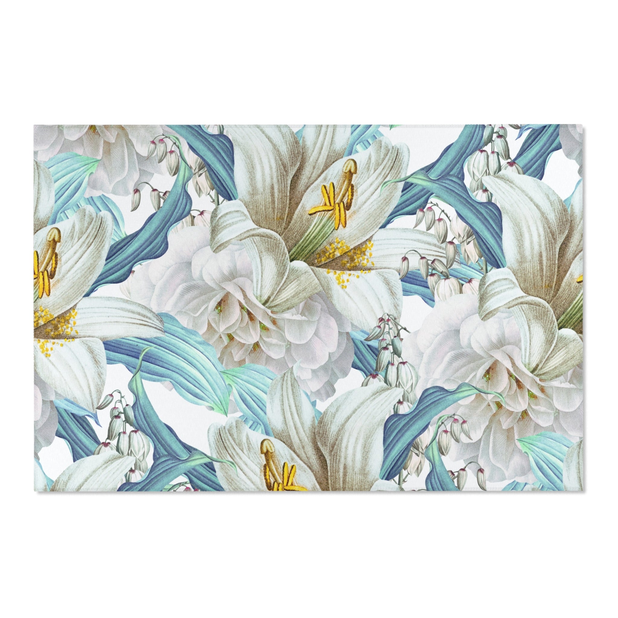 Floral Large Area Rug | Botanical White Teal Blue