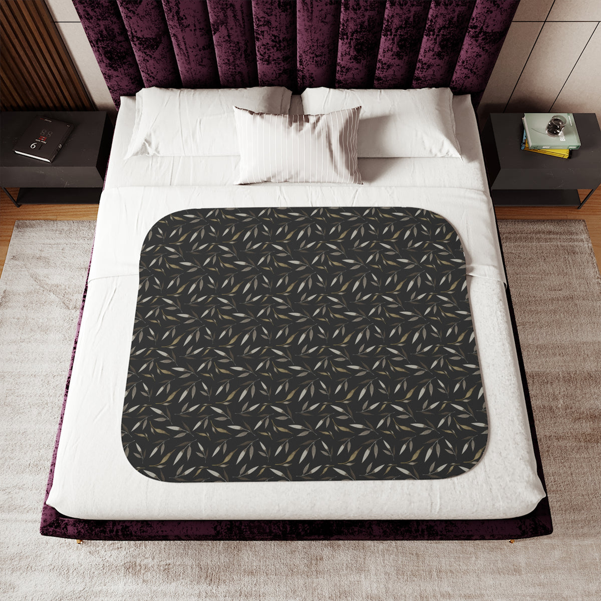 Black Beige Willow Leaf Sherpa Blanket | Moody Botanical Throw