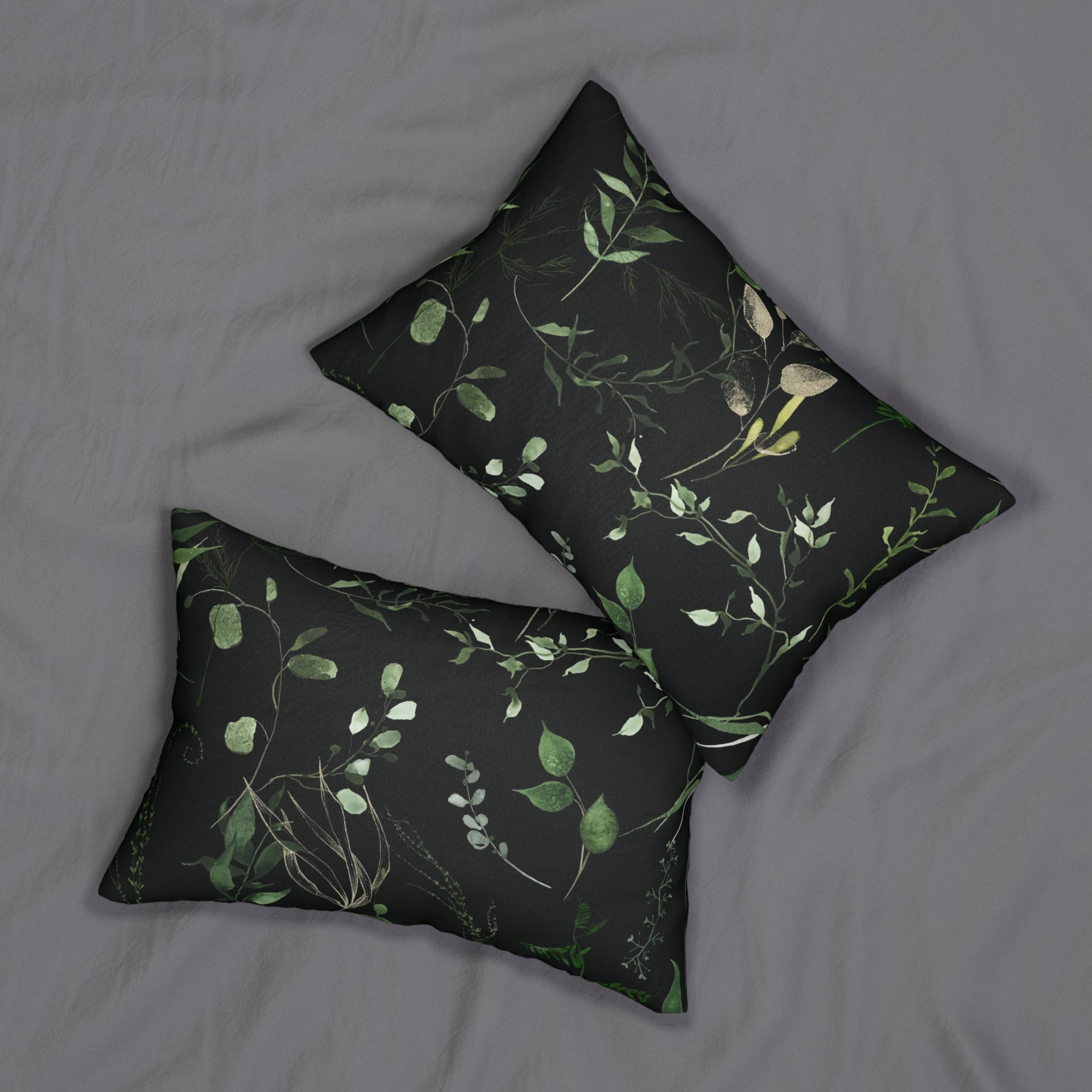Boho Lumbar Pillow | Black Green Beige Leaves Floral