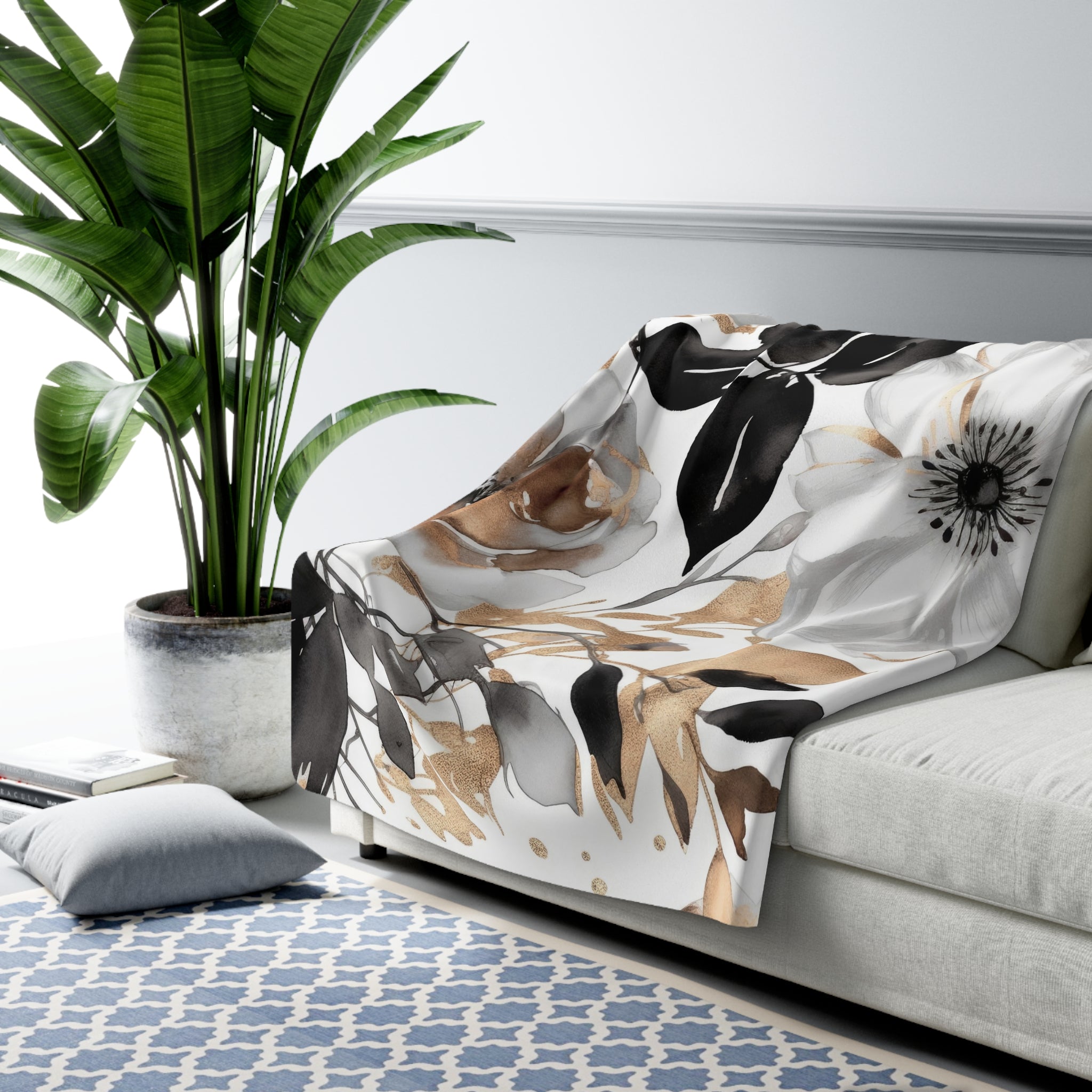 Abstract Floral Throw Blanket | Black White Beige Watercolor