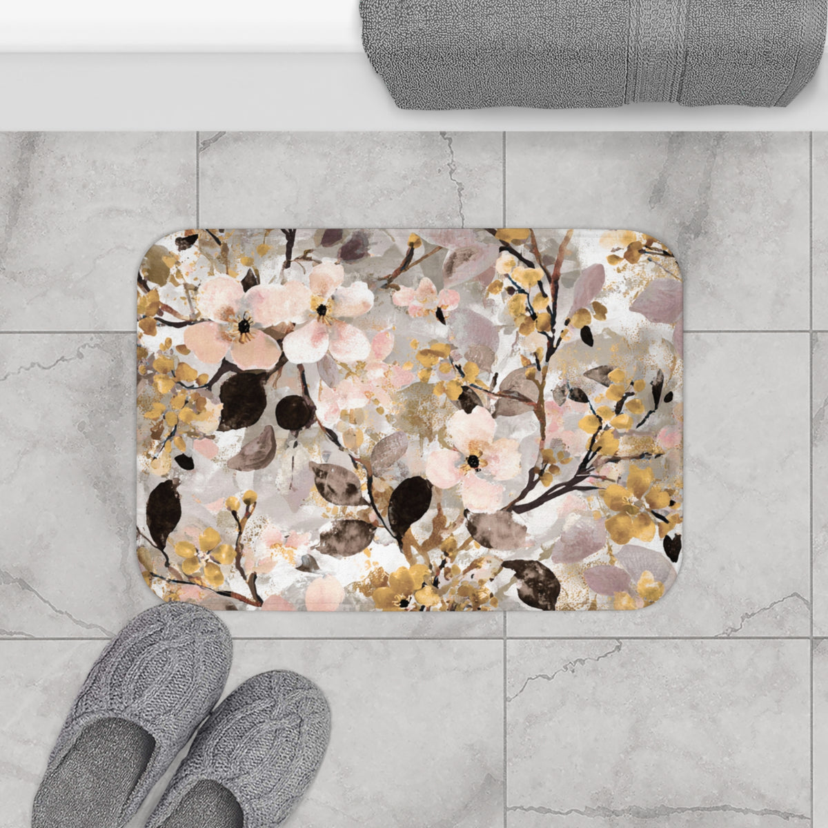 Blush Mustard Blossom Floral Bath Mat, Botanical Bathroom Rug