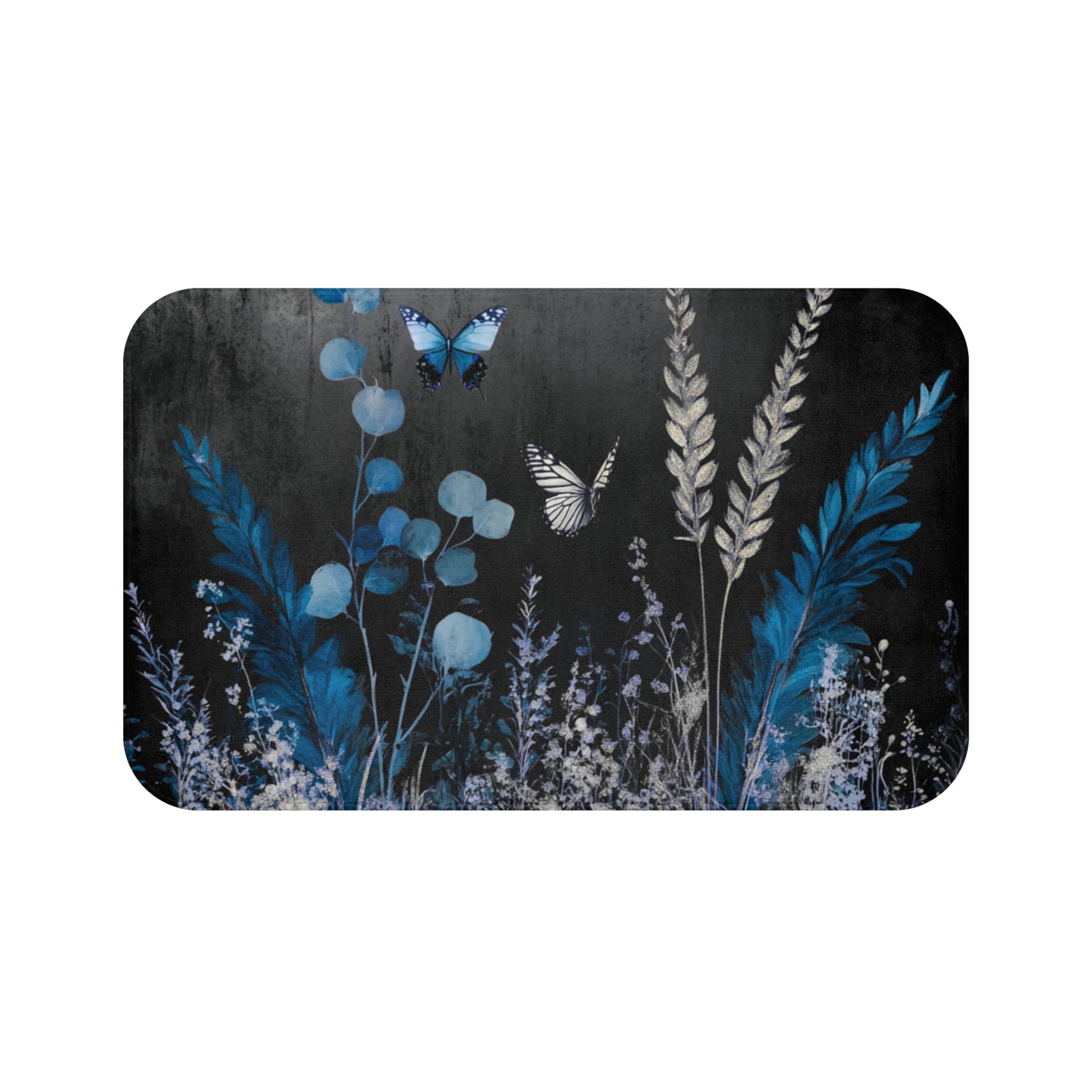 Abstract Bath Mat | Grey Blue Butterflies Watercolor Kitchen Mat