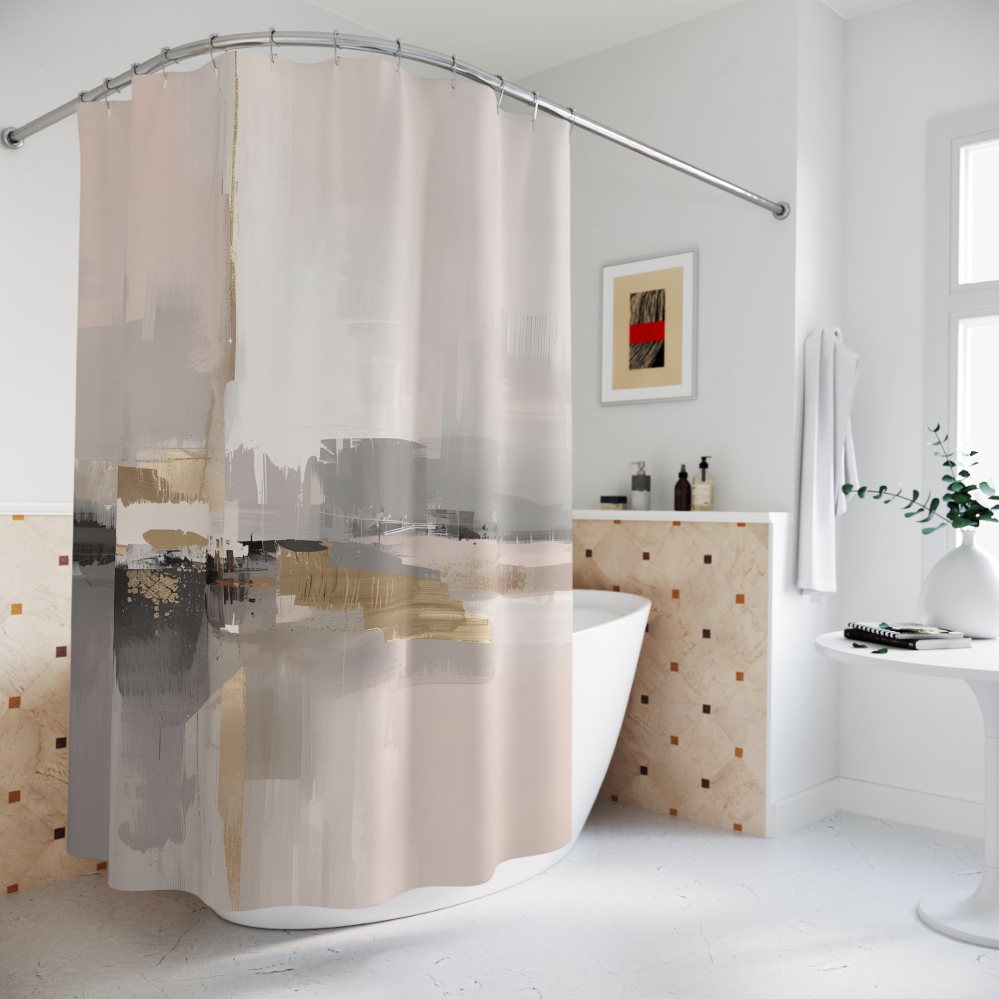 Boho Abstract Shower Curtain | Neutral Grey Blush Watercolor