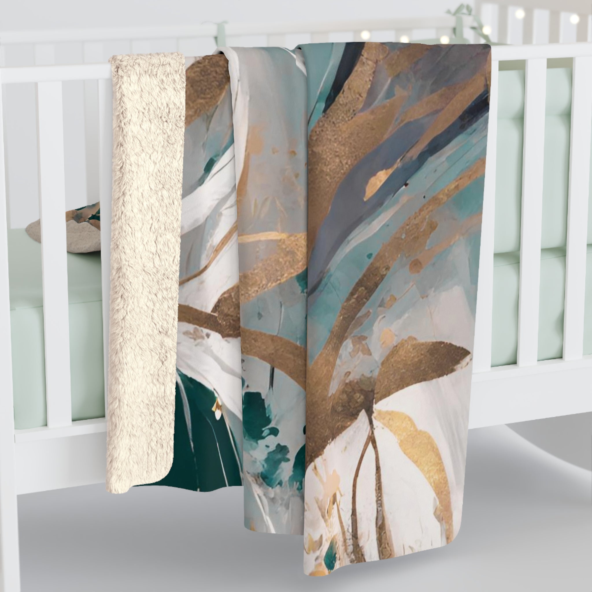 Cozy Comfy, Floral Blanket | Sage Green Muted Gold, Beige