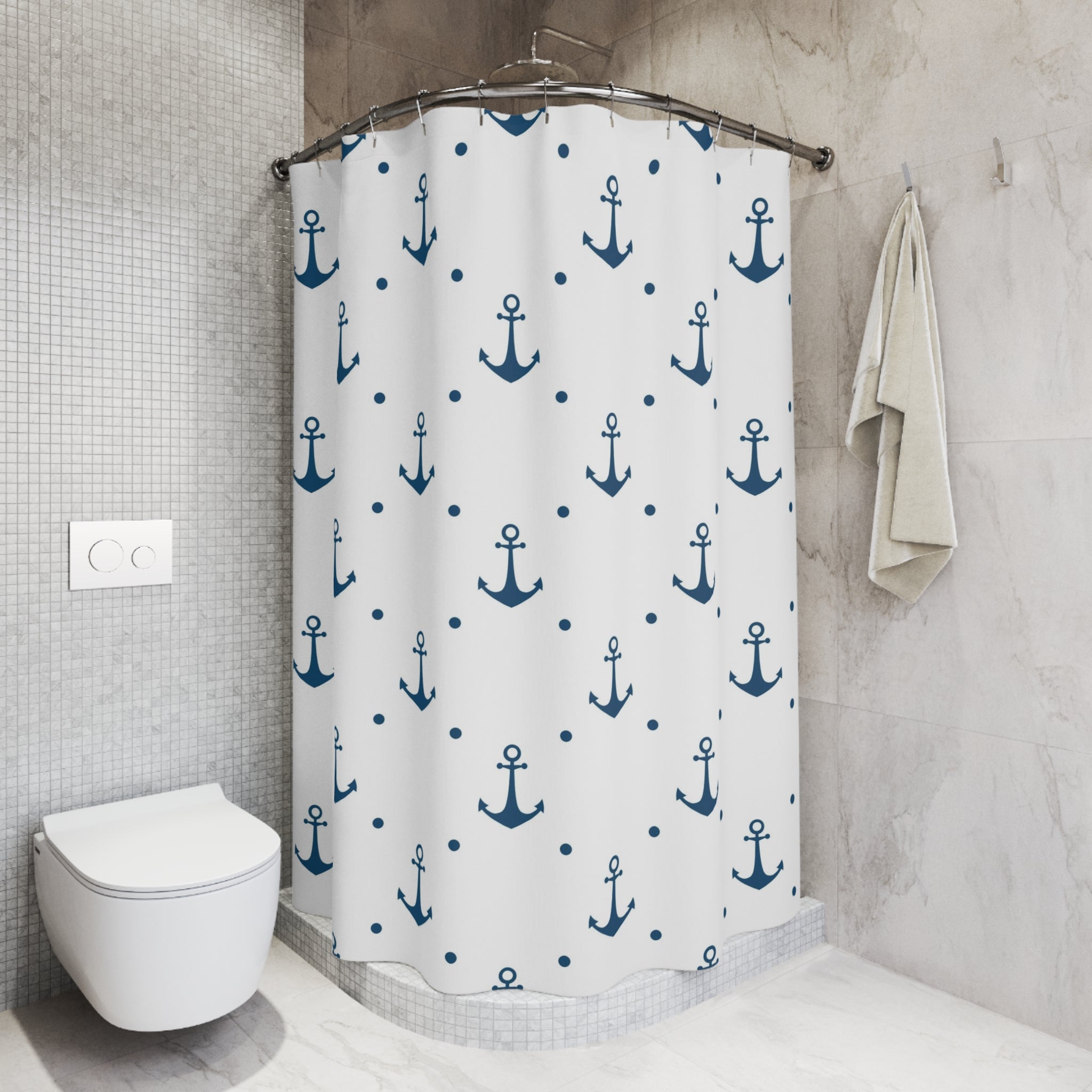 Ship Shower Curtain | Blue White Boat Anchor Curtain