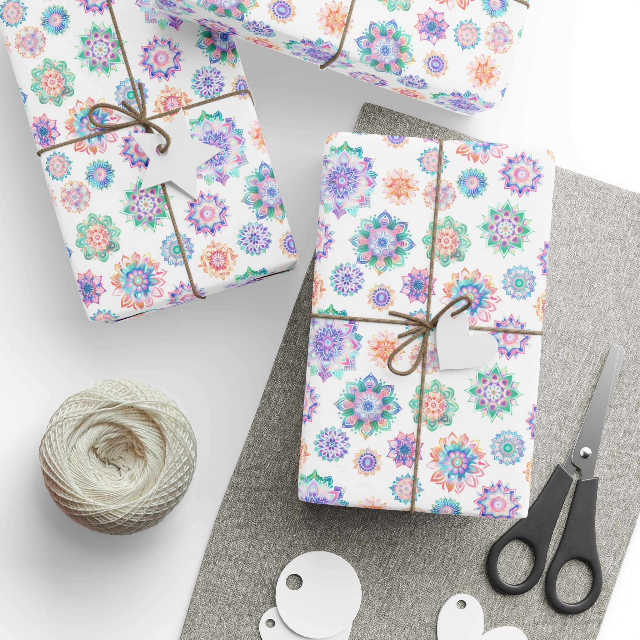 Mandala Wrapping Paper | White Colorful Gift Wrap for the Holidays, Birthdays