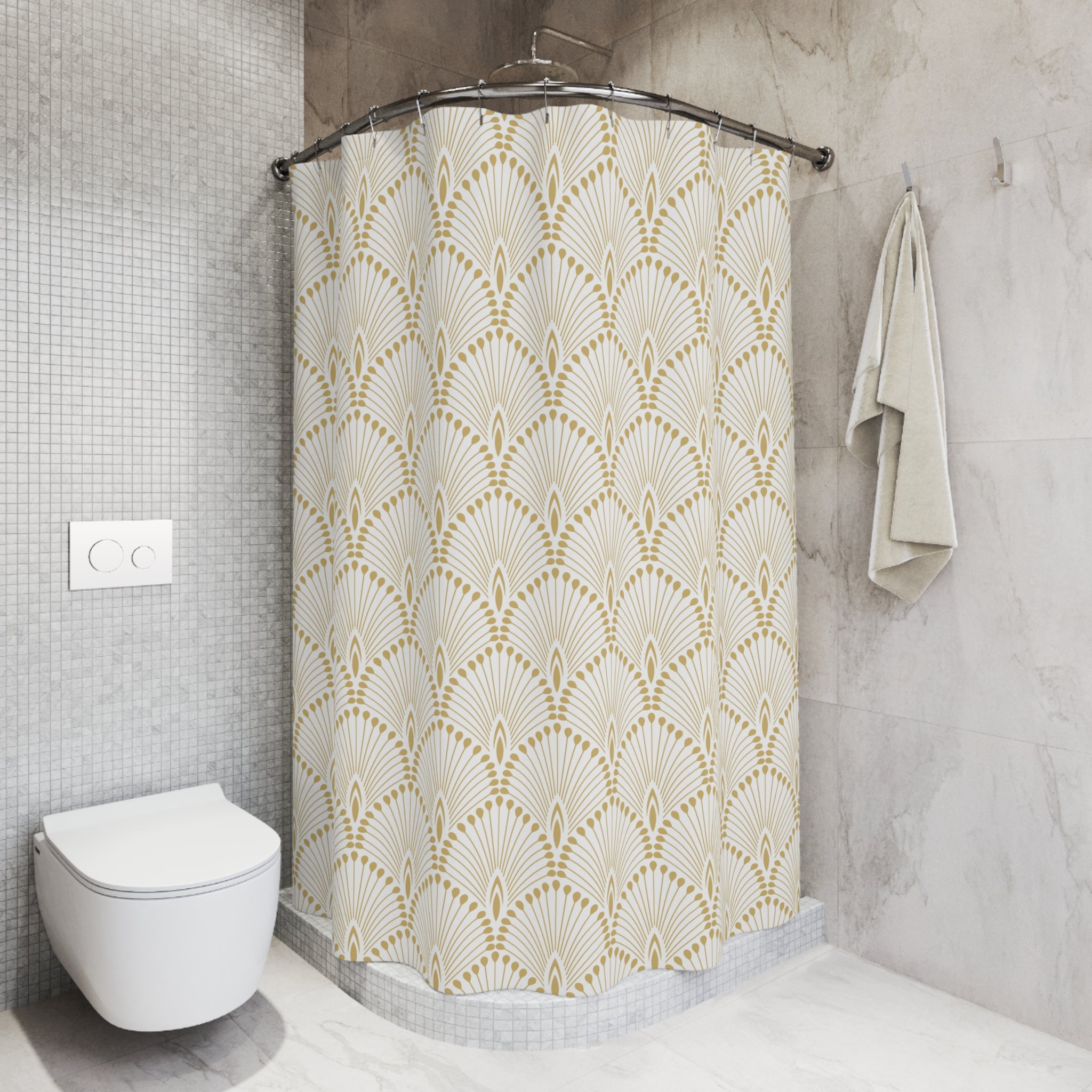 Boho Shower Curtain | Vintage Tan Beige White Art Deco Crane