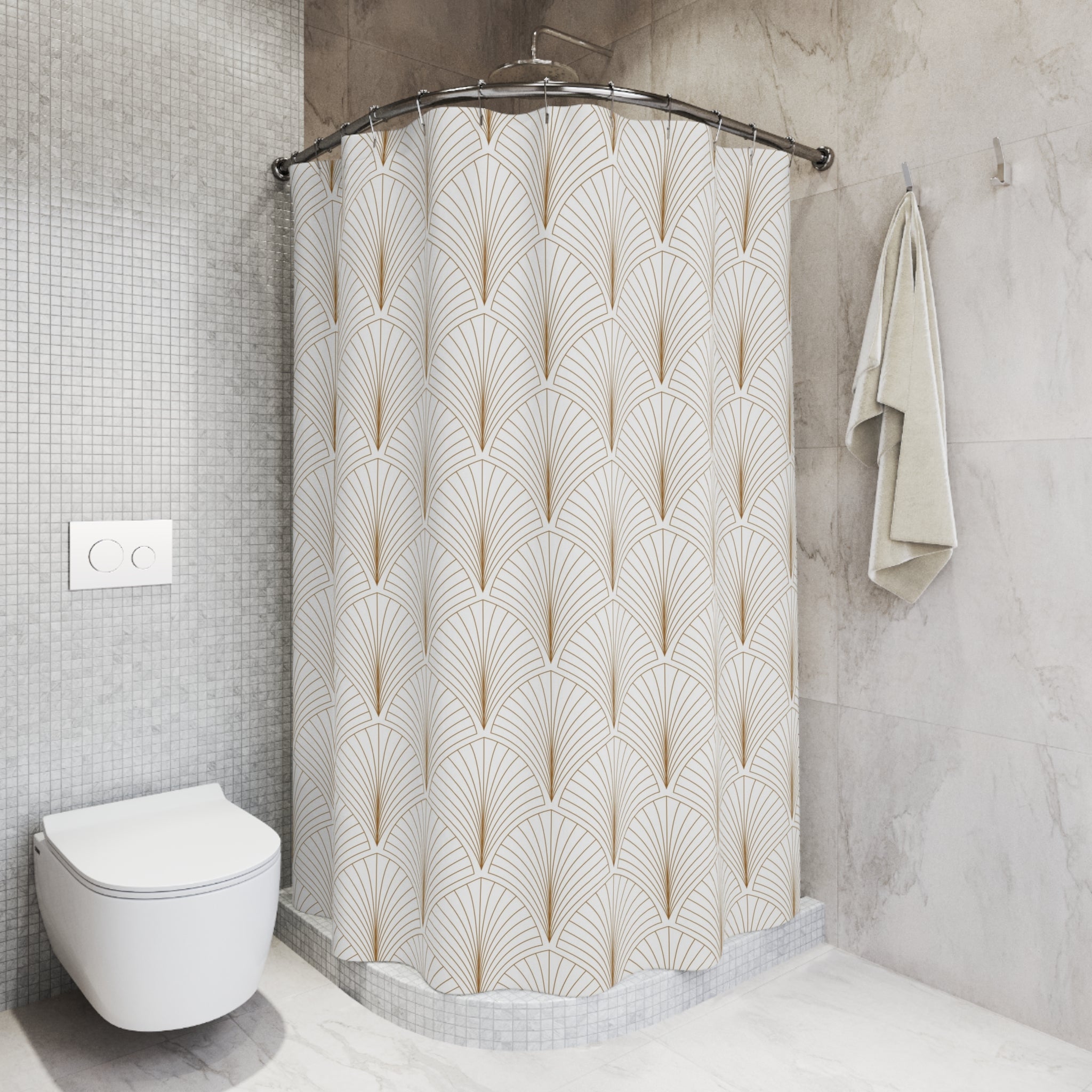 a modern bathroom with a shower curtain featuring a repeating pattern of gold and white lines. The shower area is located next to a toilet, and there is a towel hanging on a hook nearby. The overall design and color scheme of the bathroom create a clean and stylish aesthetic.