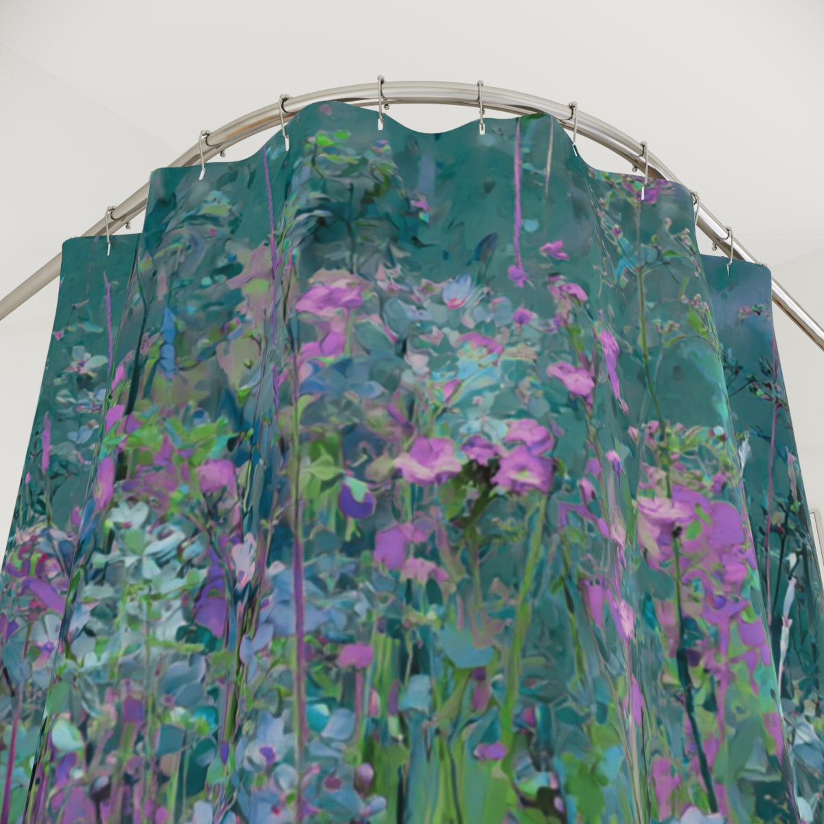 a vibrant, colorful floral pattern on a shower curtain, with a mix of purple, green, and blue hues.