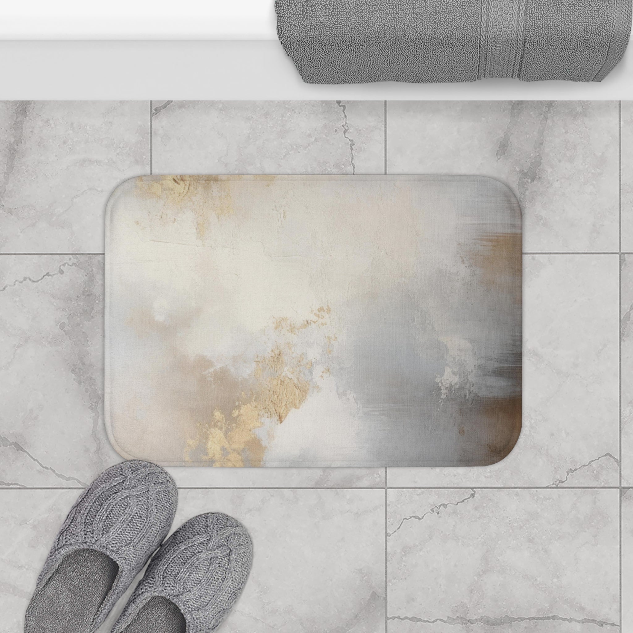 Boho Bath, Kitchen Mat | Modern Beige Grey Ombre, Muted Gold Floor Rug