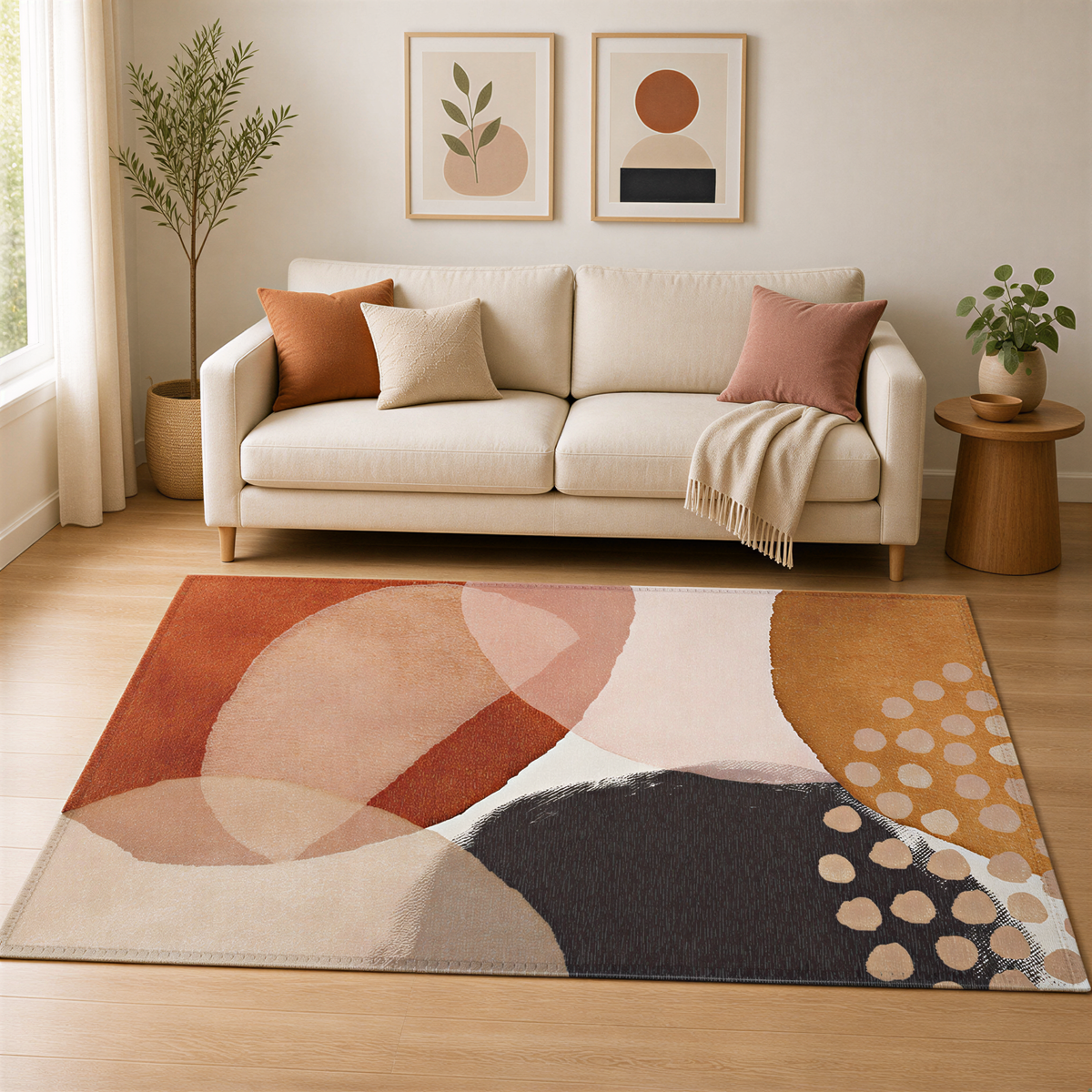 a cozy living room with a beige sofa, a large abstract rug, and two framed artworks on the wall.