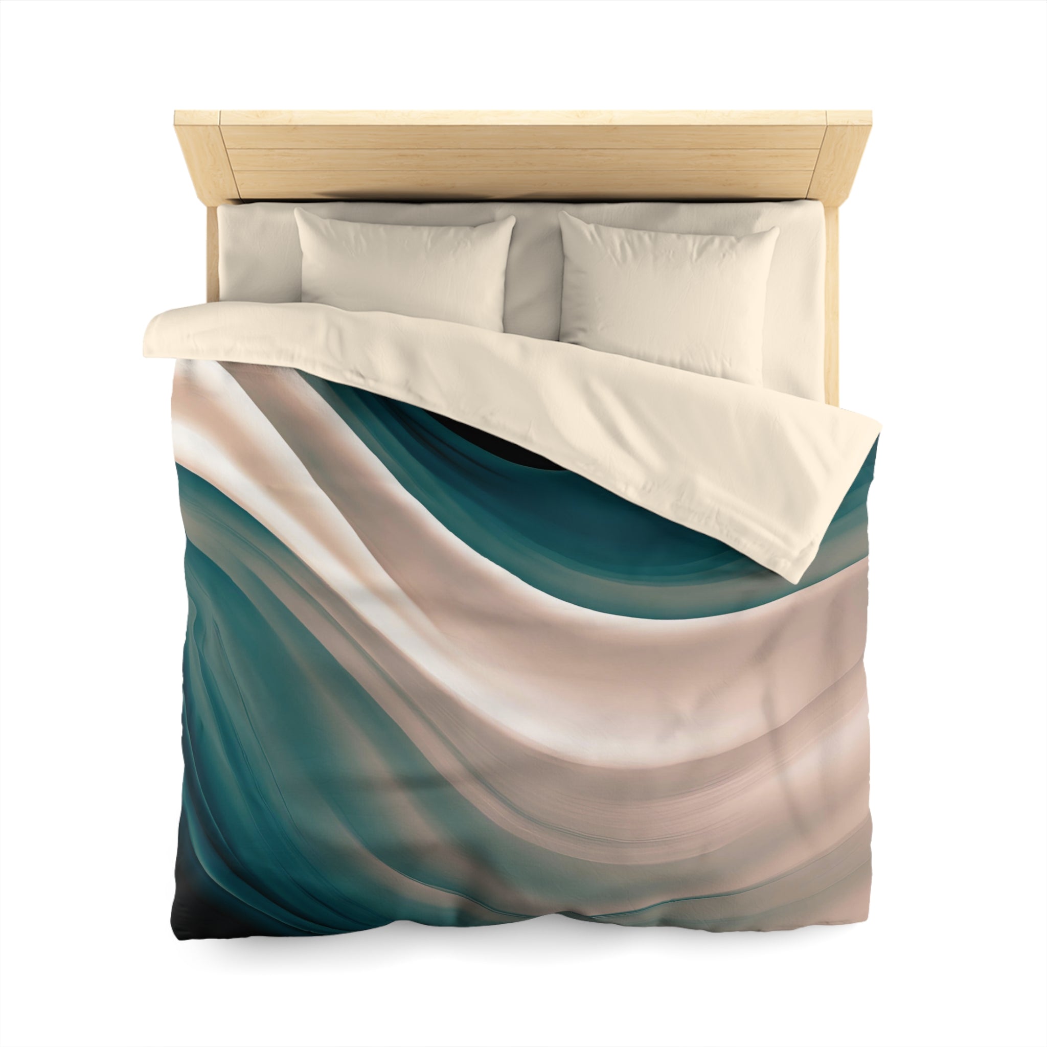 a bed with a colorful, abstract patterned comforter and pillows.