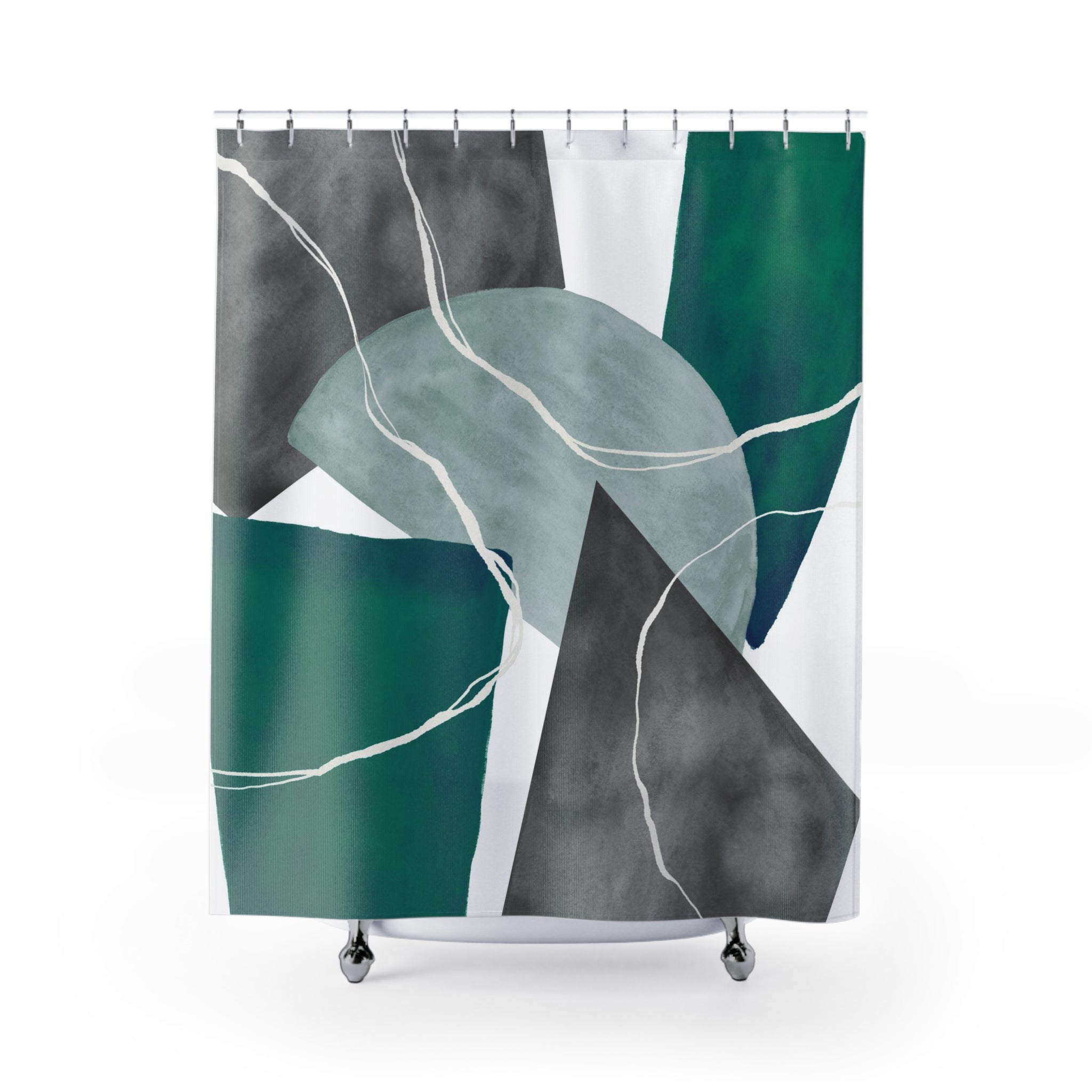 Modern Abstract Art Shower Curtain | Colorful Sea Green, Light Blue Grey White