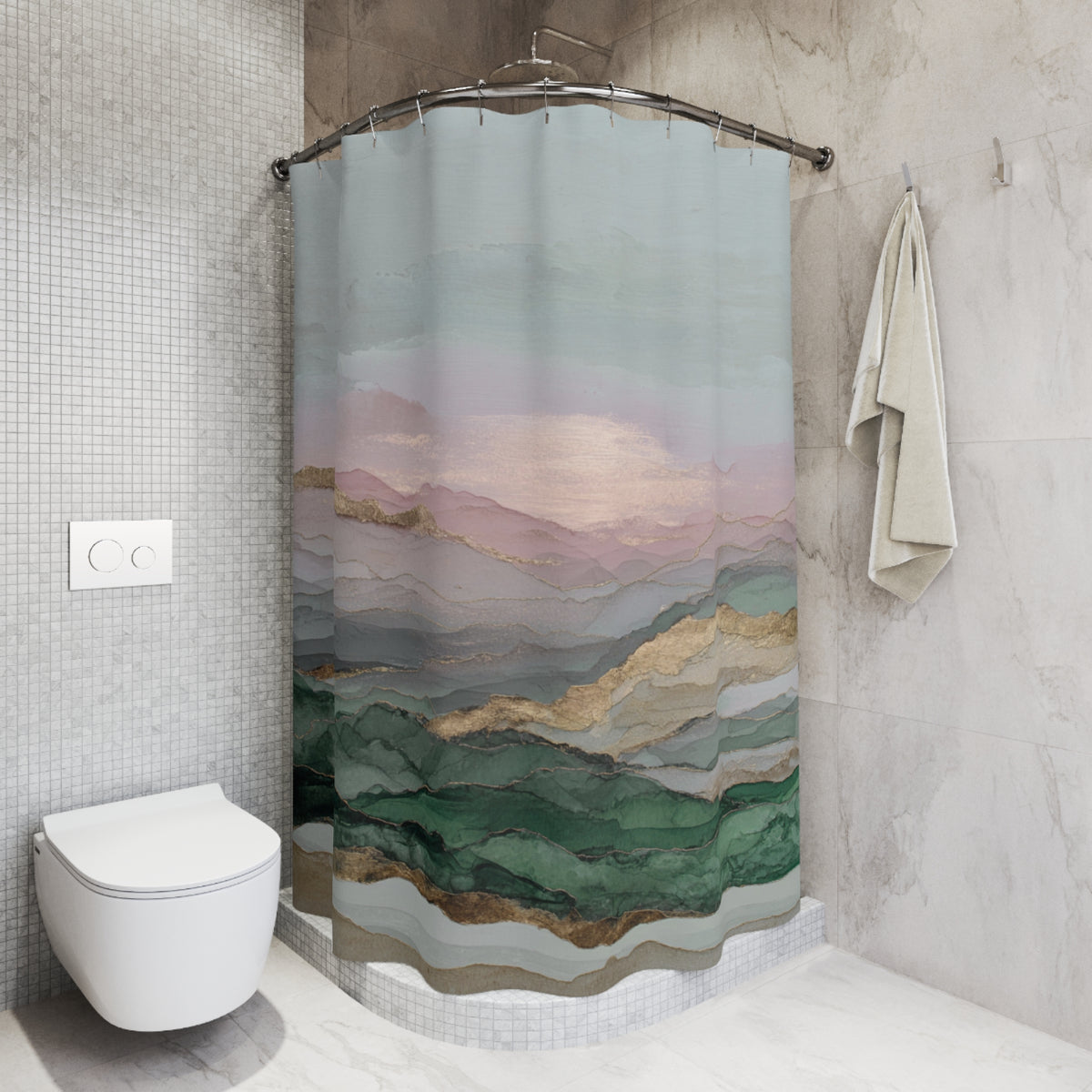 a bathroom with a shower curtain that has a mountain landscape design. The shower curtain is hanging from a rod above the shower area. The bathroom also includes a toilet and a towel rack.