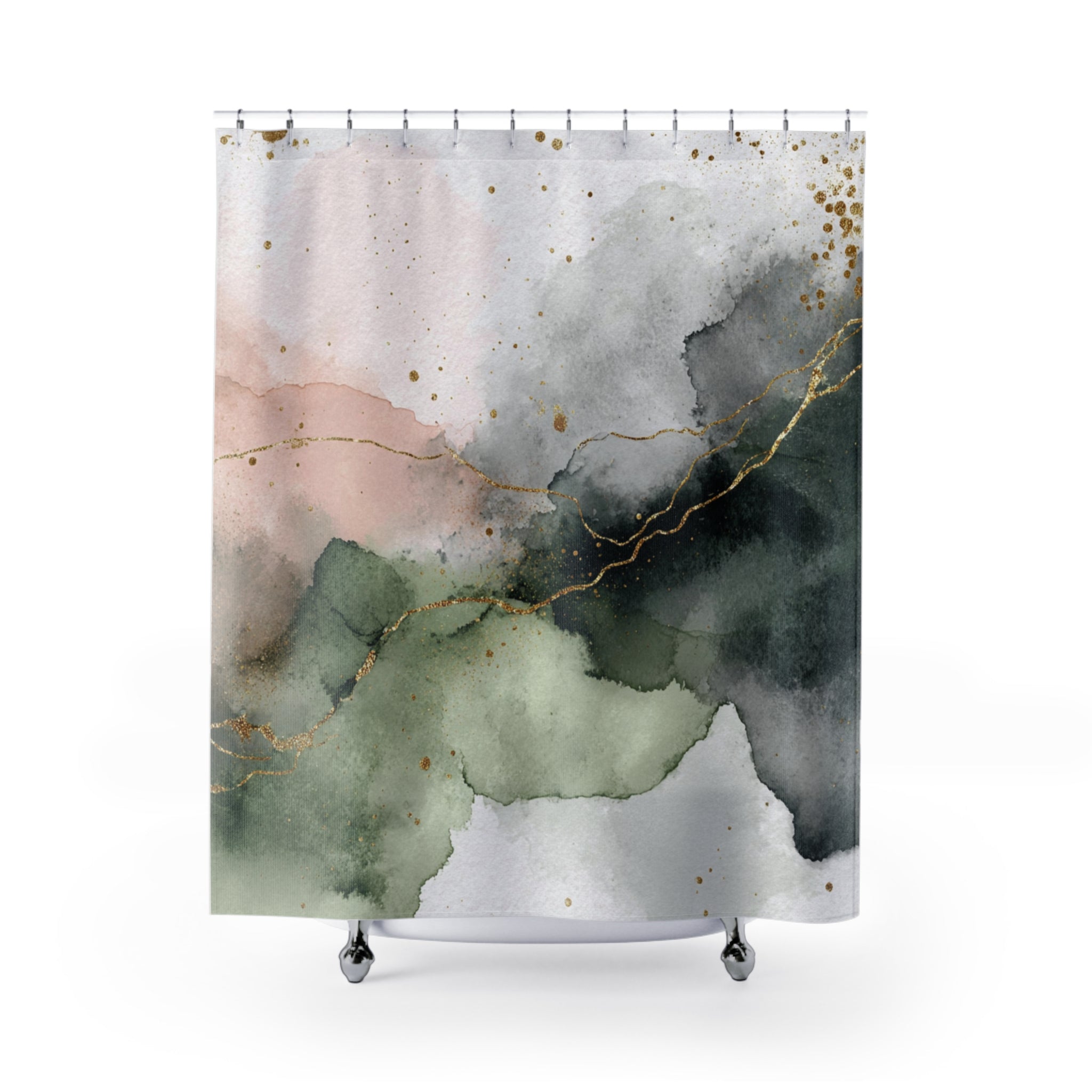 Green Boho Shower Curtain, Bath Mat | Blush Watercolor Bathroom Set