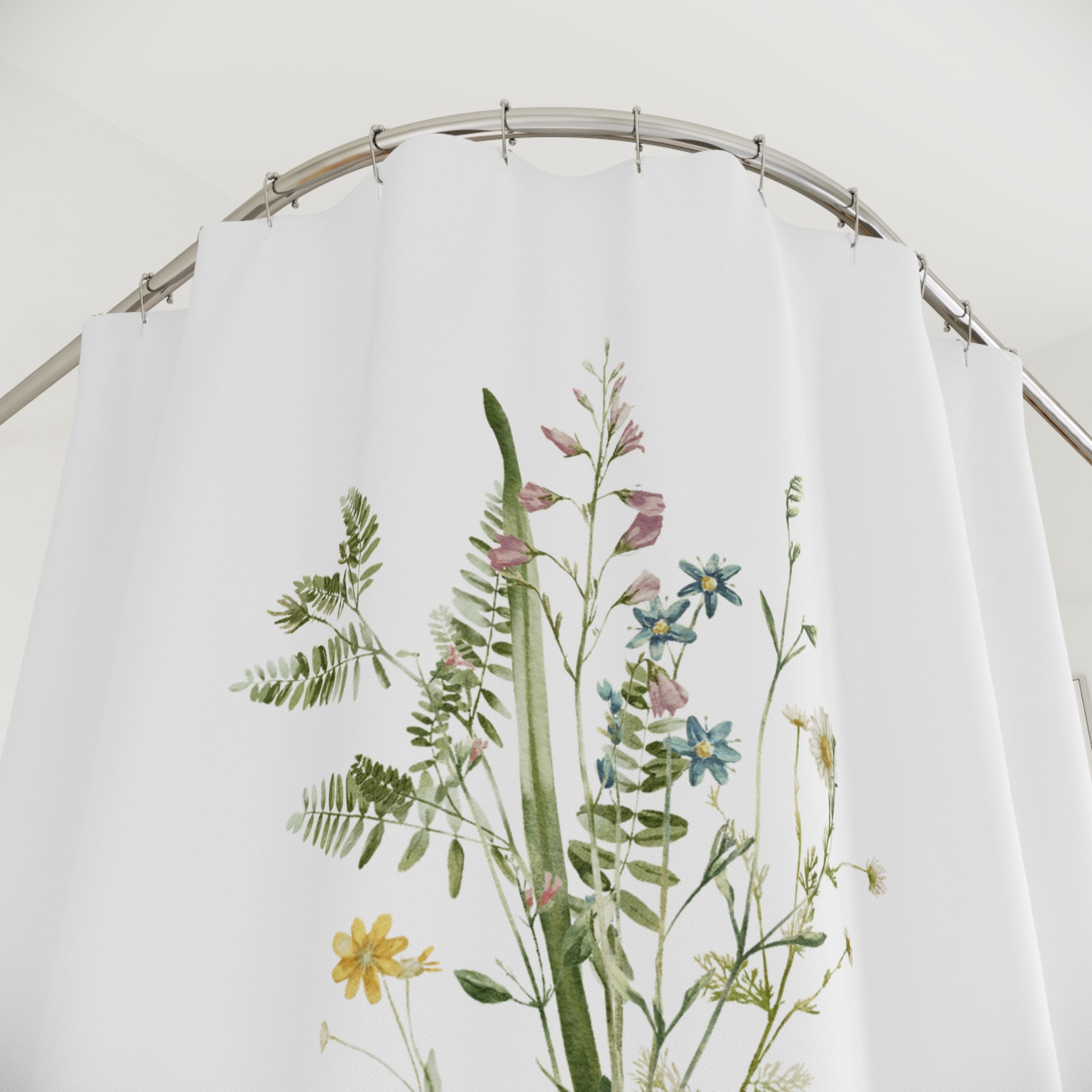 White Shower Curtain | Floral, Sage Green Leaves