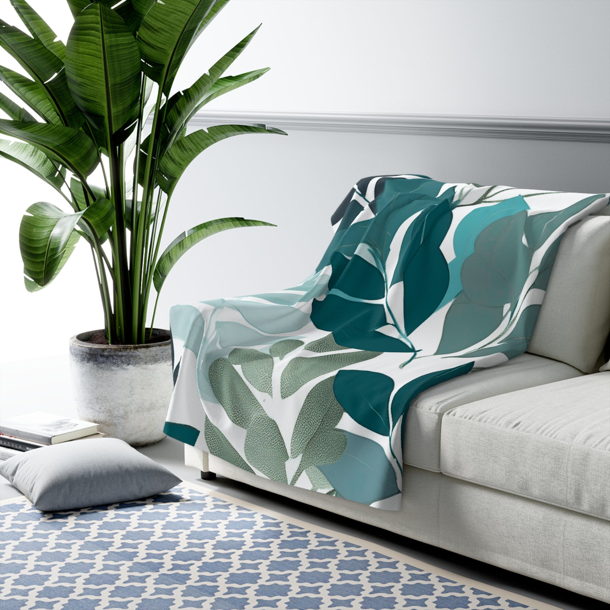 Floral Throw Blanket | Teal, Mint Sage Green Leaves