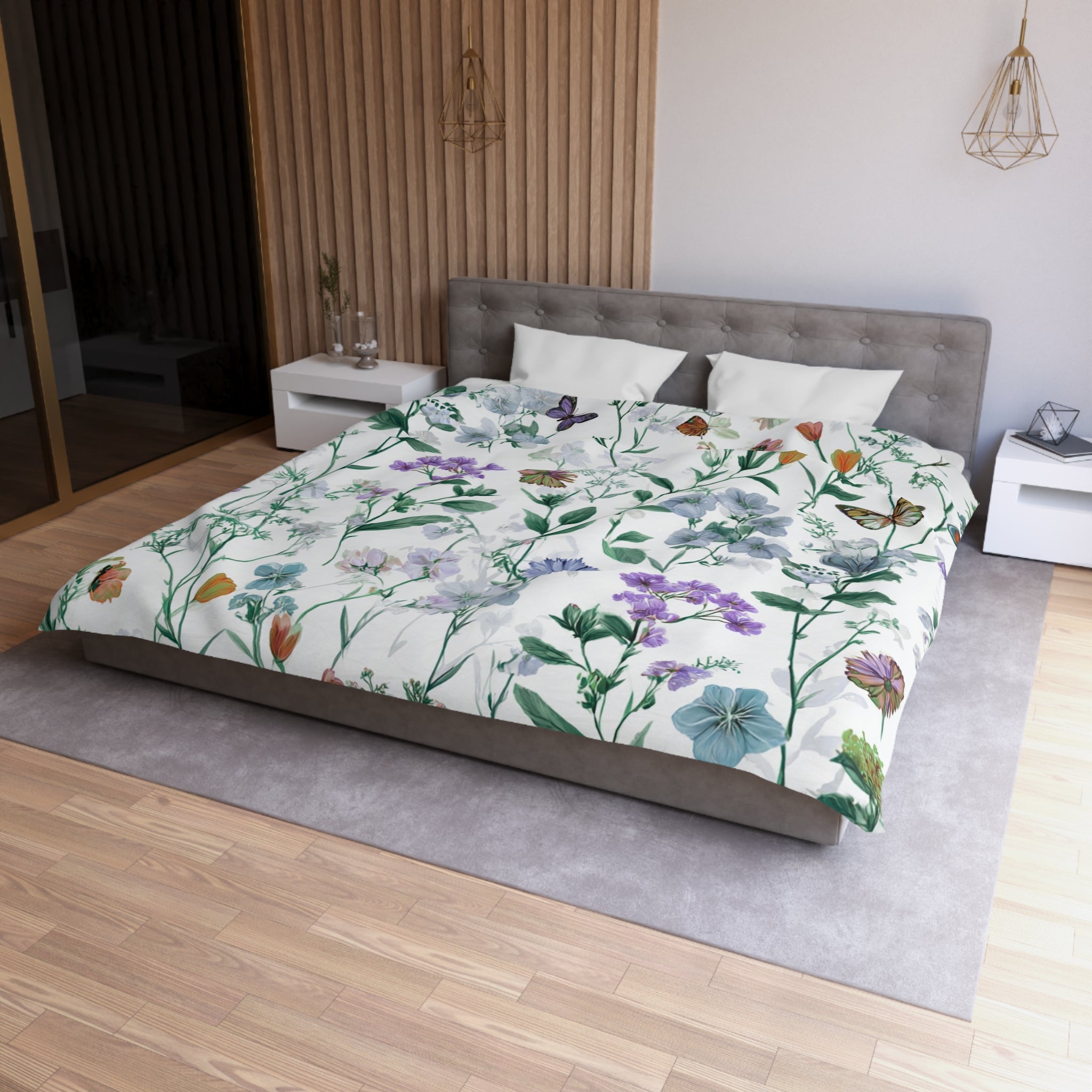 Floral Modern Duvet, Pillow Cover | White Green Bedroom Decor