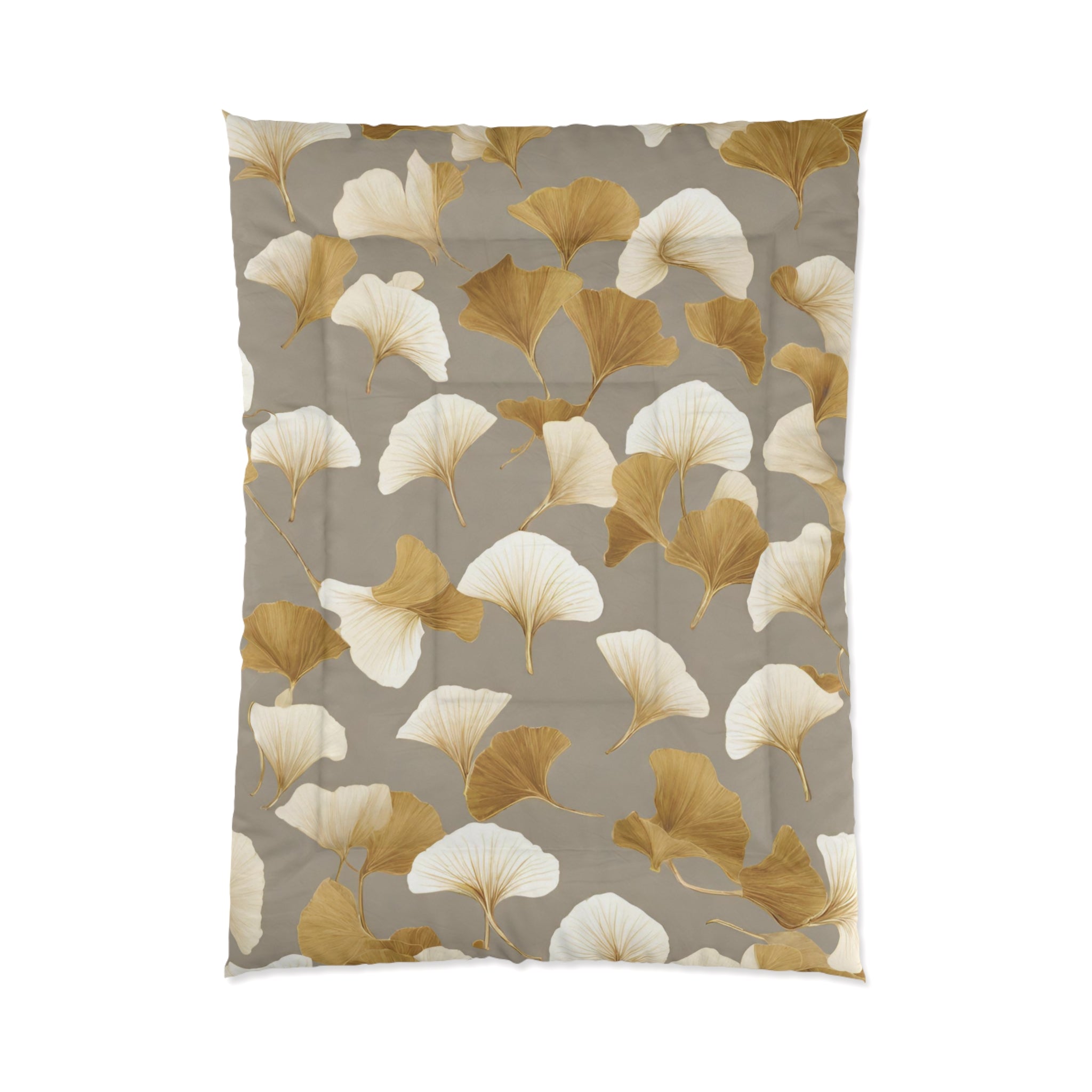 Floral Comforter | Taupe, Gold, Ivory Beige, Gingko Leaves