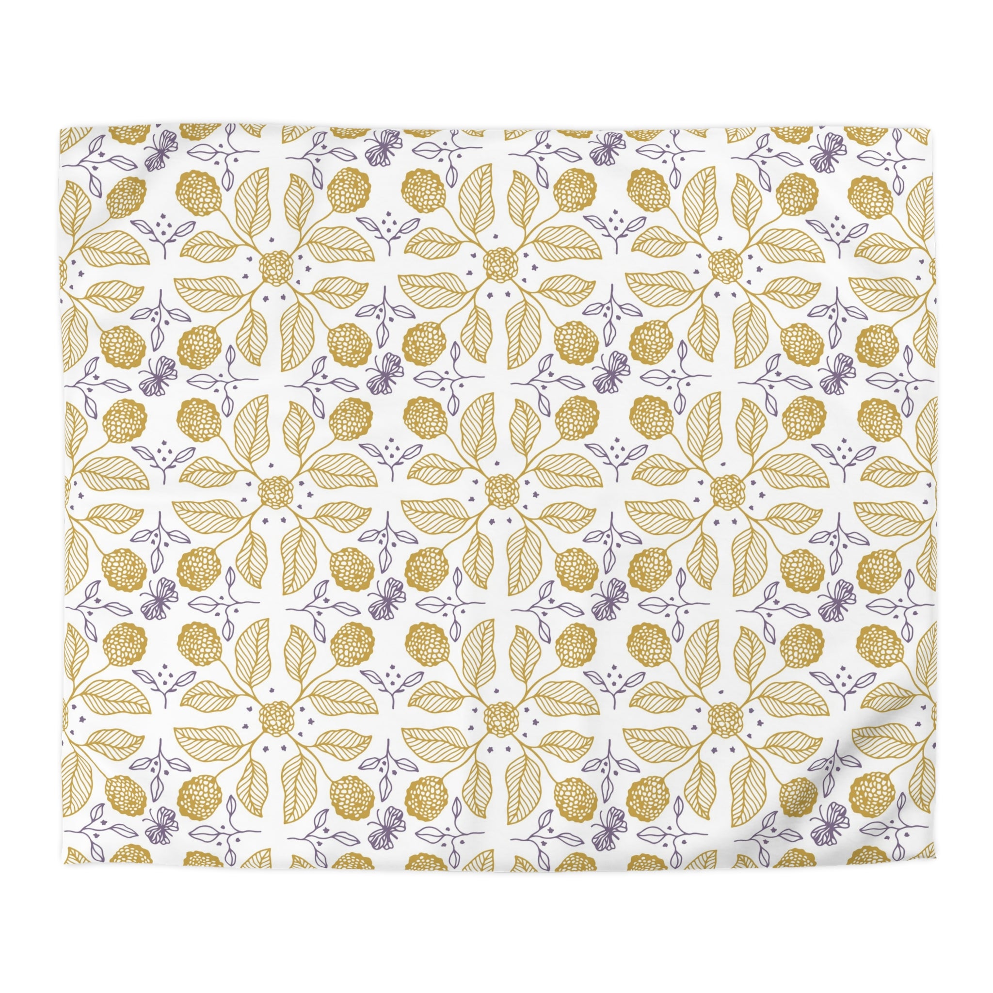 a repeating pattern of yellow flowers and leaves on a white background.