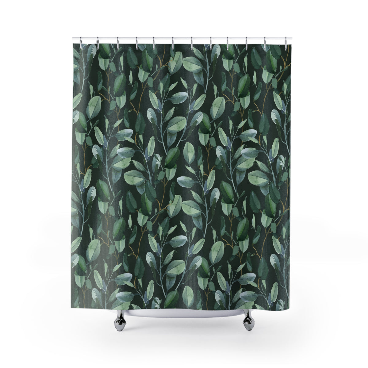 a shower curtain with a repeating pattern of green leaves and branches, creating a lush and natural appearance.